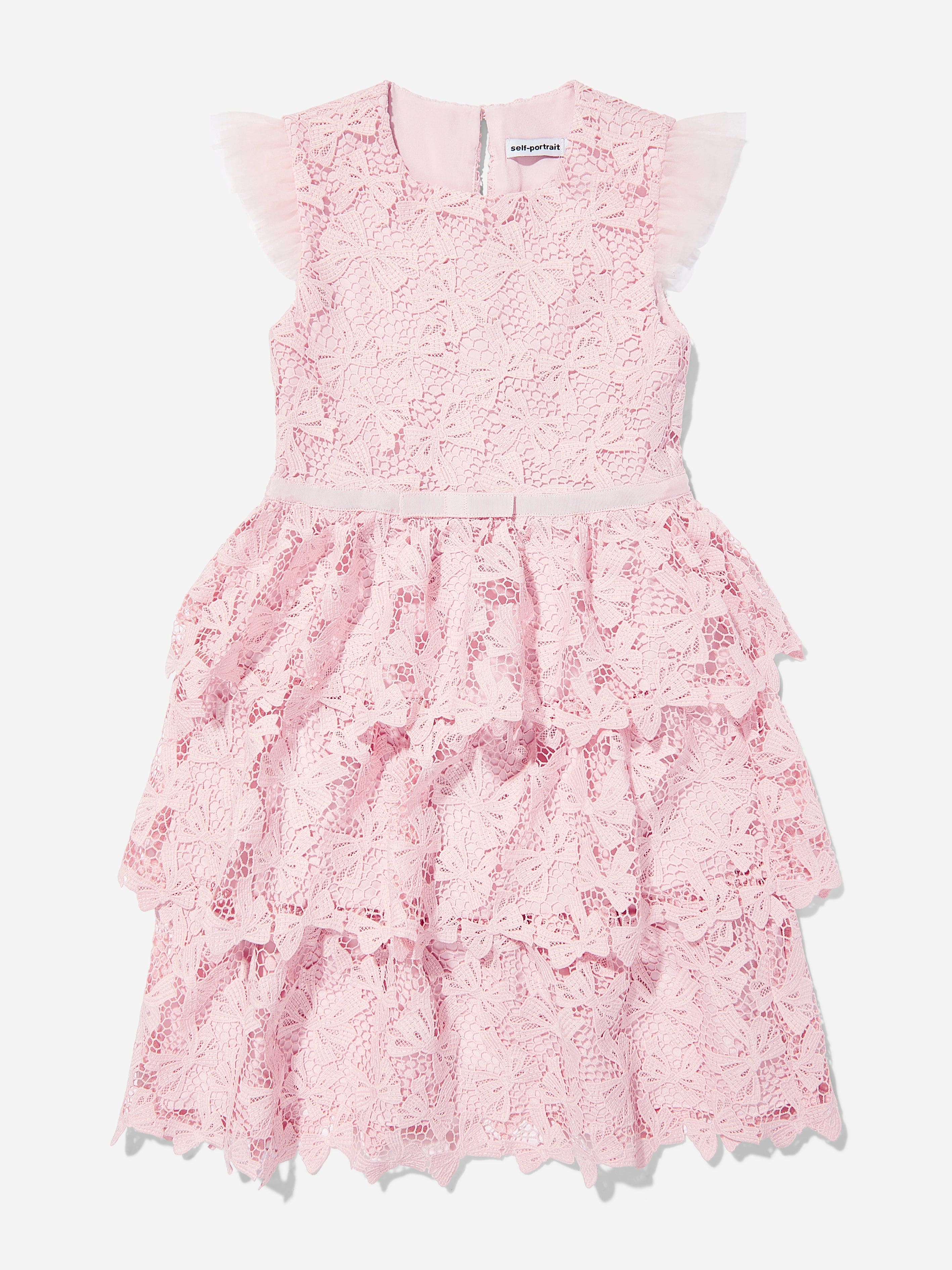Self Portrait Girls Bow Lace Tiered Dress in Pink