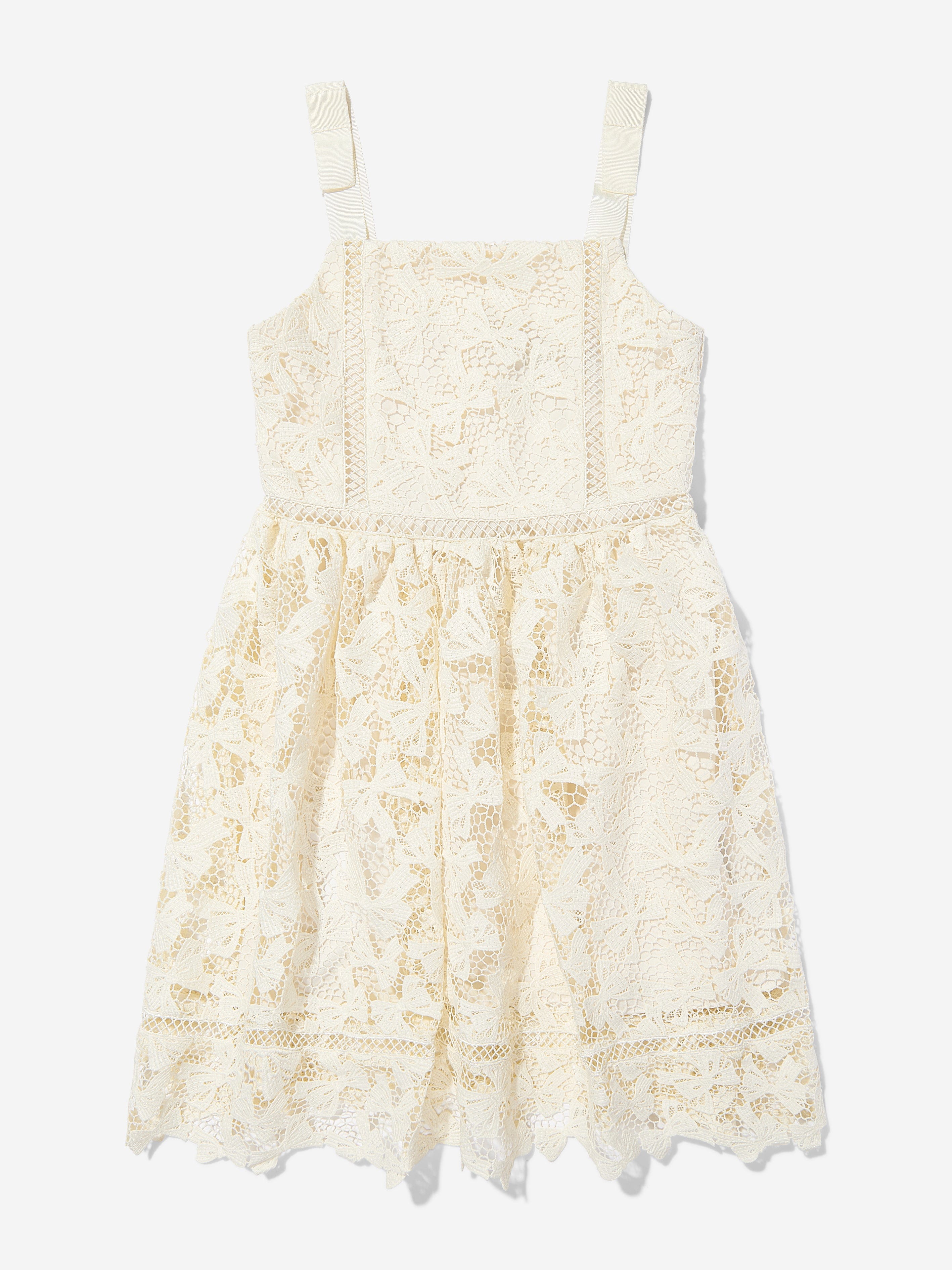 Self Portrait Girls Bow Lace Dress in White