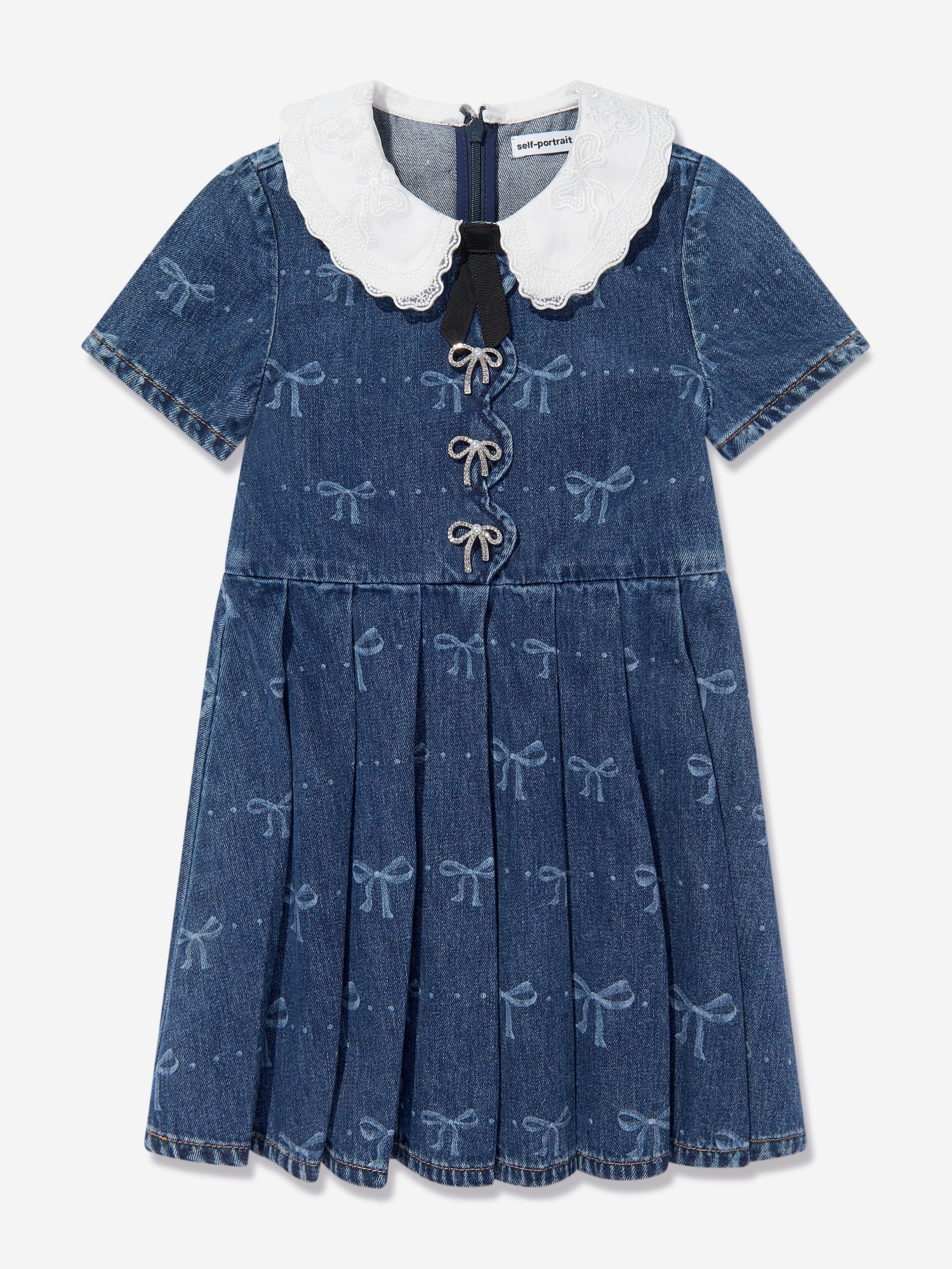 Self Portrait Girls Bow Denim Mini Dress in Blue Self Portrait Girls Bow Denim Mini Dress in Blue