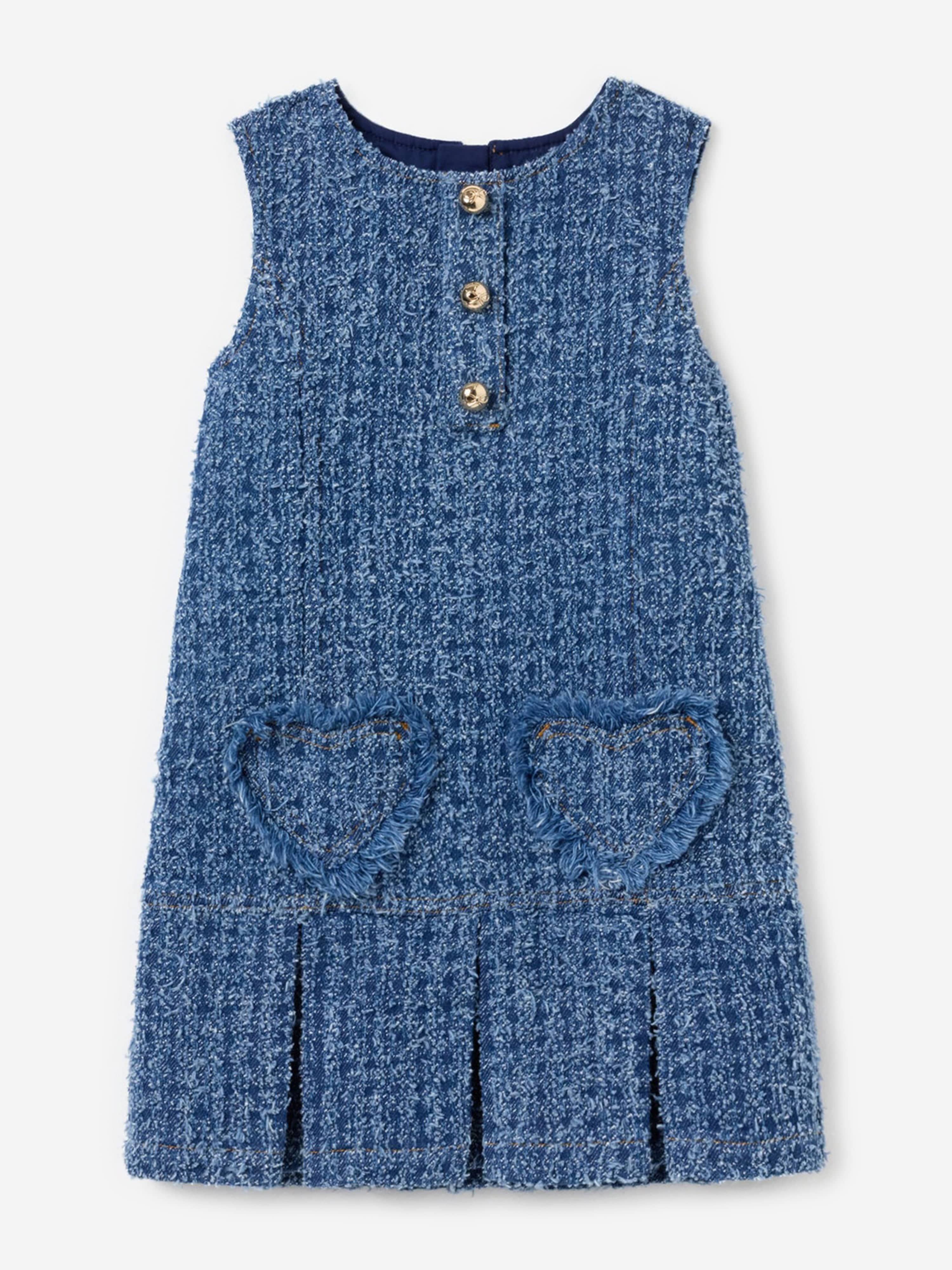 Self Portrait Girls Textured Denim Heart Trim Dress in Blue