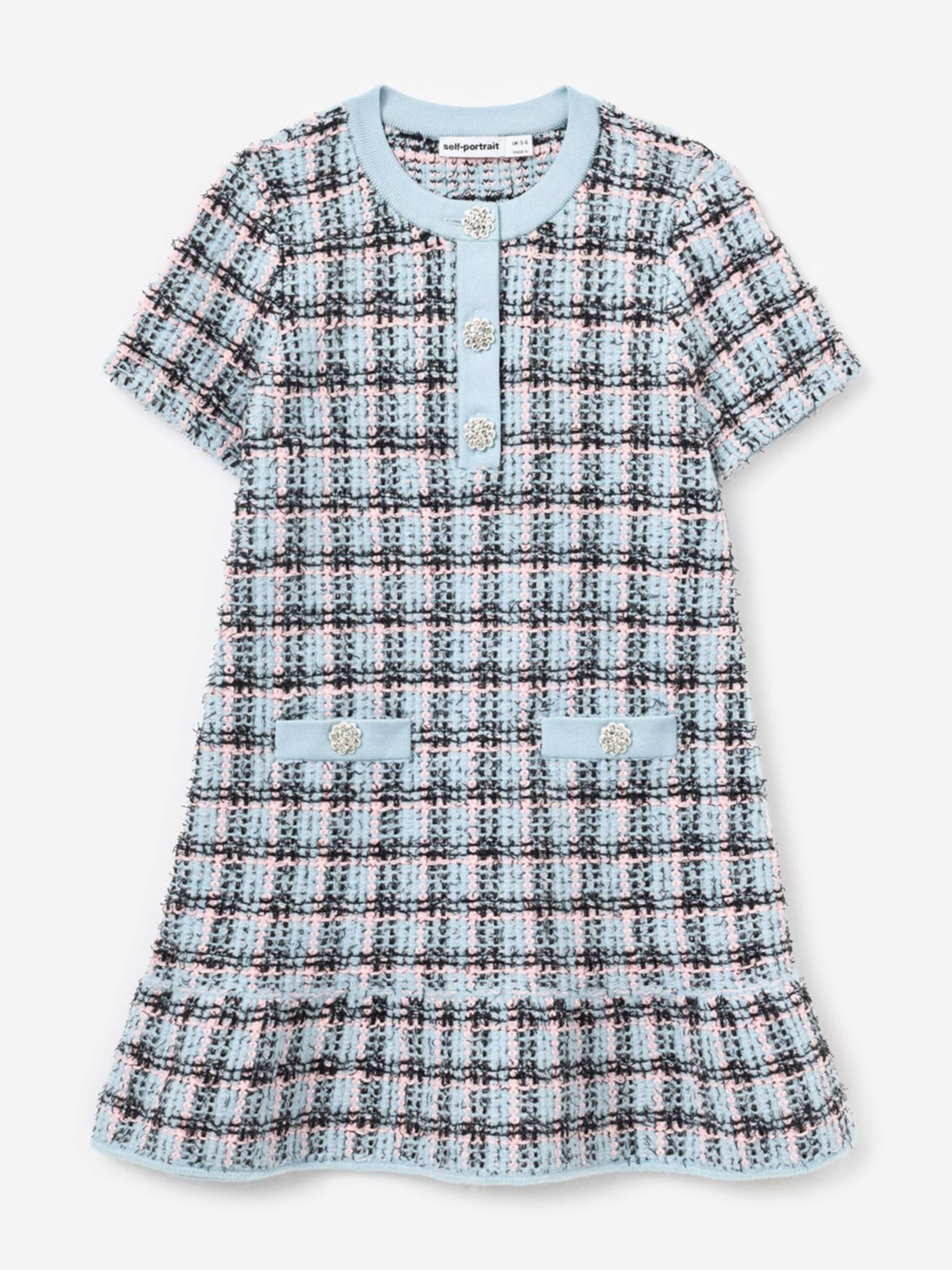 Self-Portrait-Girls Blue & Black Knitted Tweed Dress Self-Portrait-Girls Blue & Black Knitted Tweed Dress