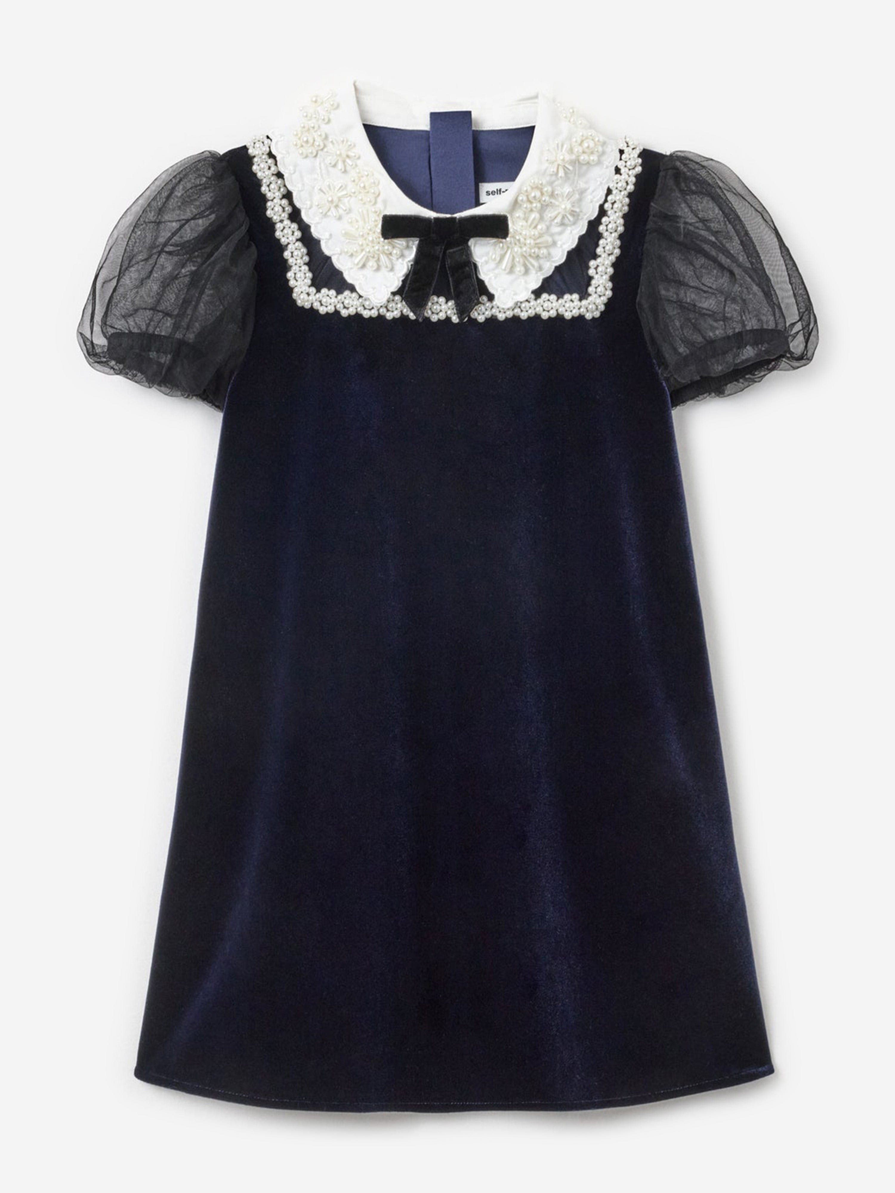 navy blue toddler dress Self Portrait Girls Velvet Tulle Flower Trim Dress in Navy