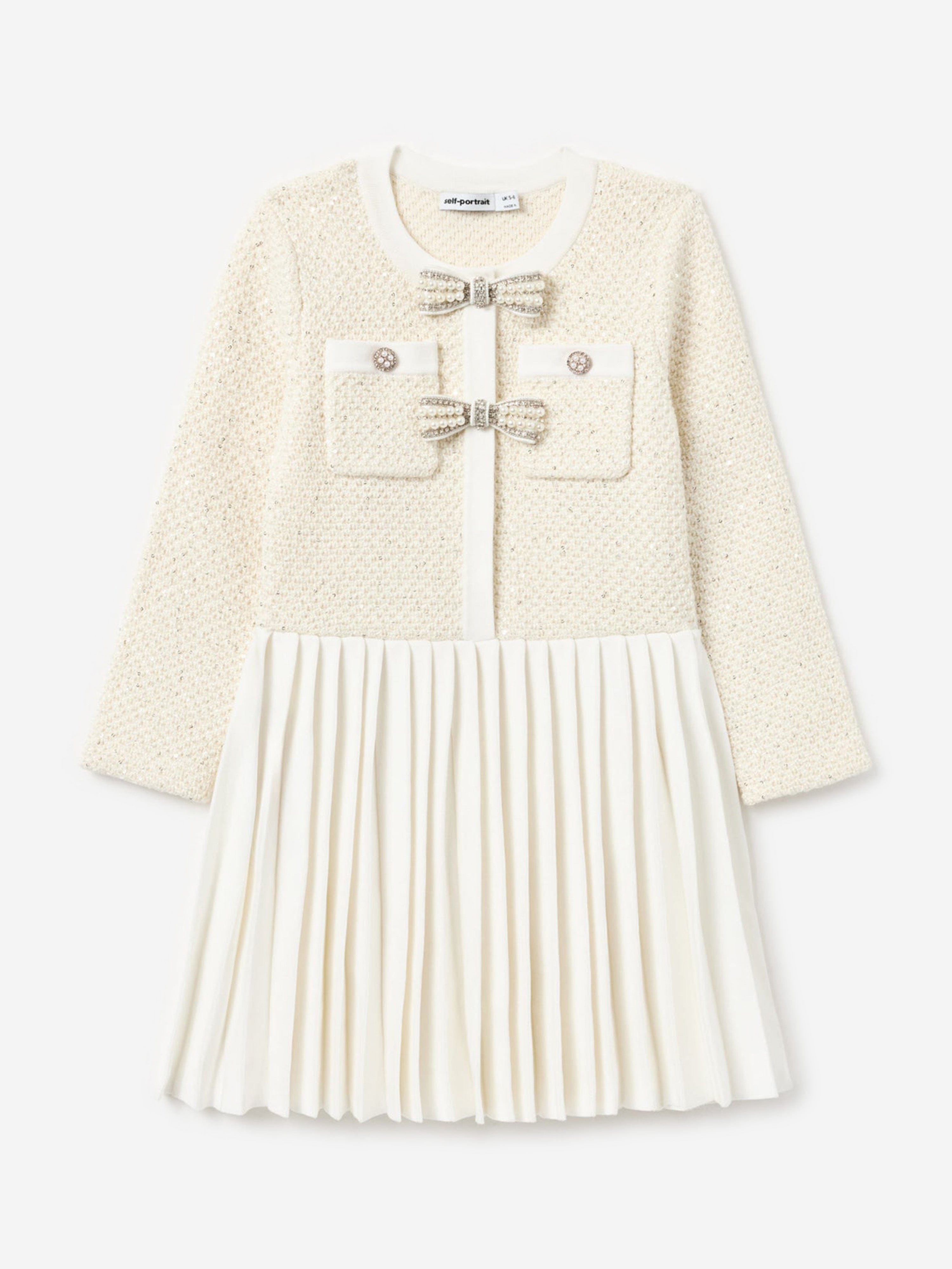 self-portrait - Cream Sequin Knit Bow Trim Dress