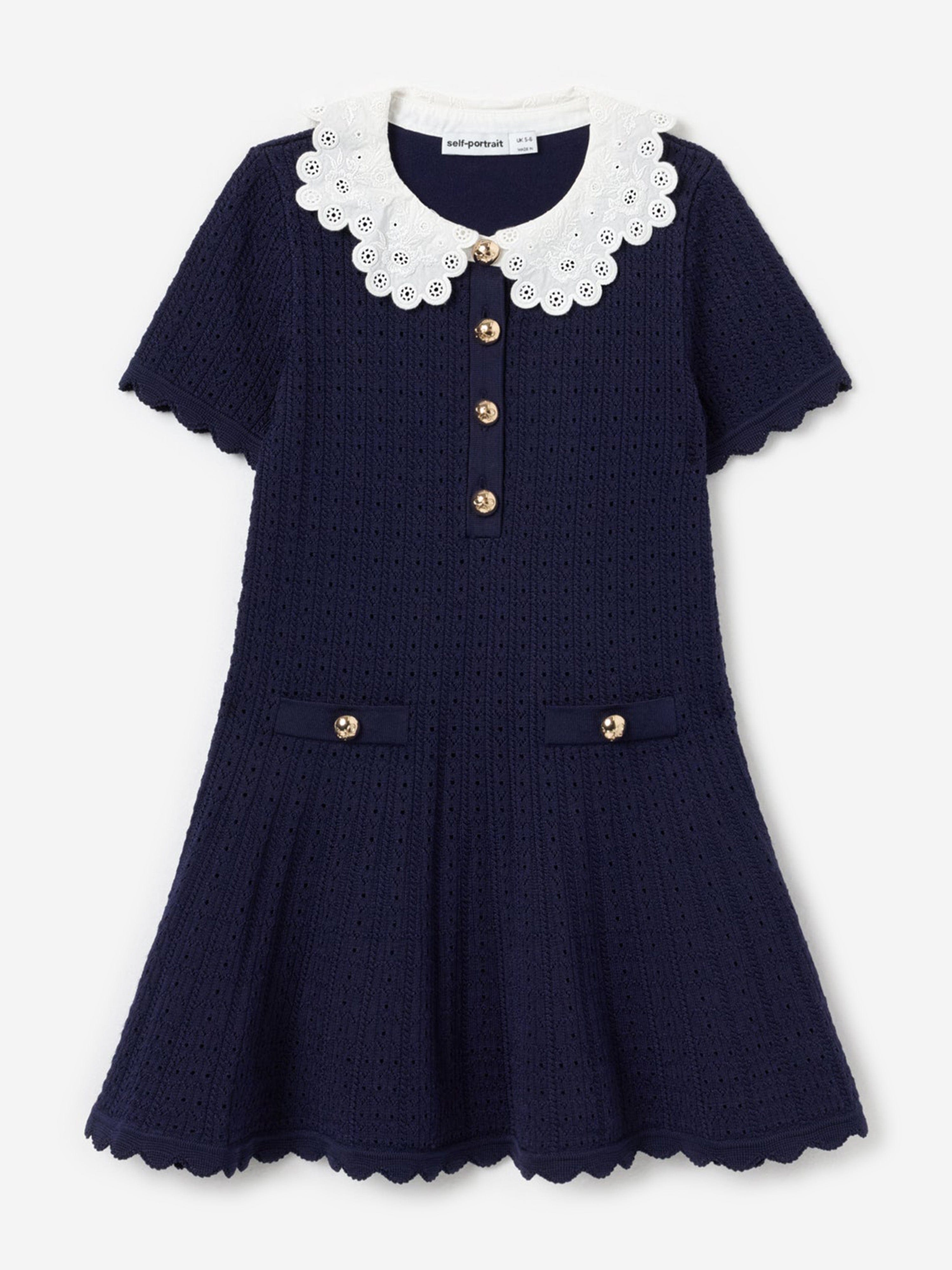 Self Portrait Girls Contrast Collar Knit Dress in Navy 5 - 6 Years Self Portrait Girls Contrast Collar Knit Dress in Navy 5 - 6 Years