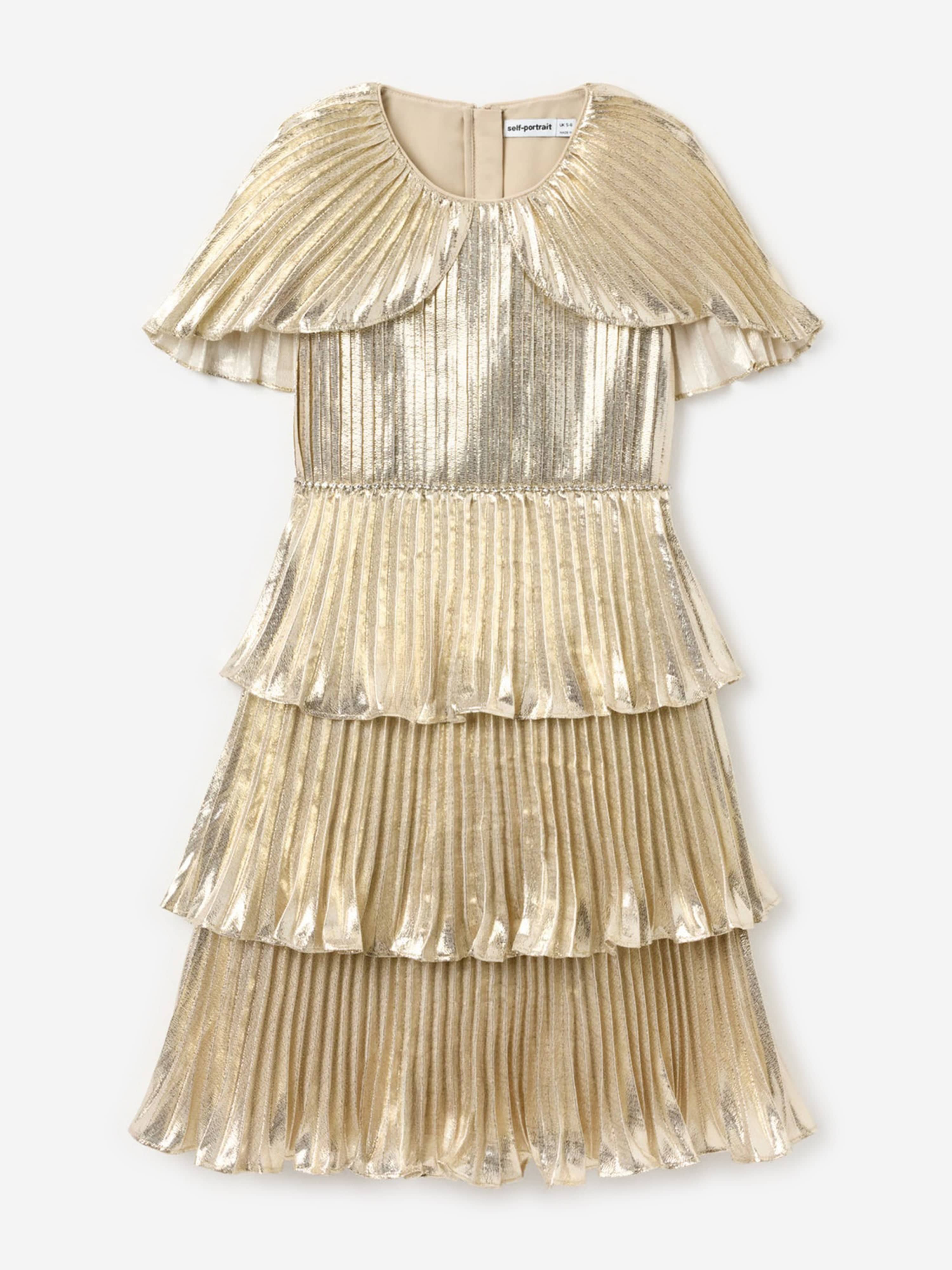 Self Portrait Girls Metallic Tiered Dress in Gold
