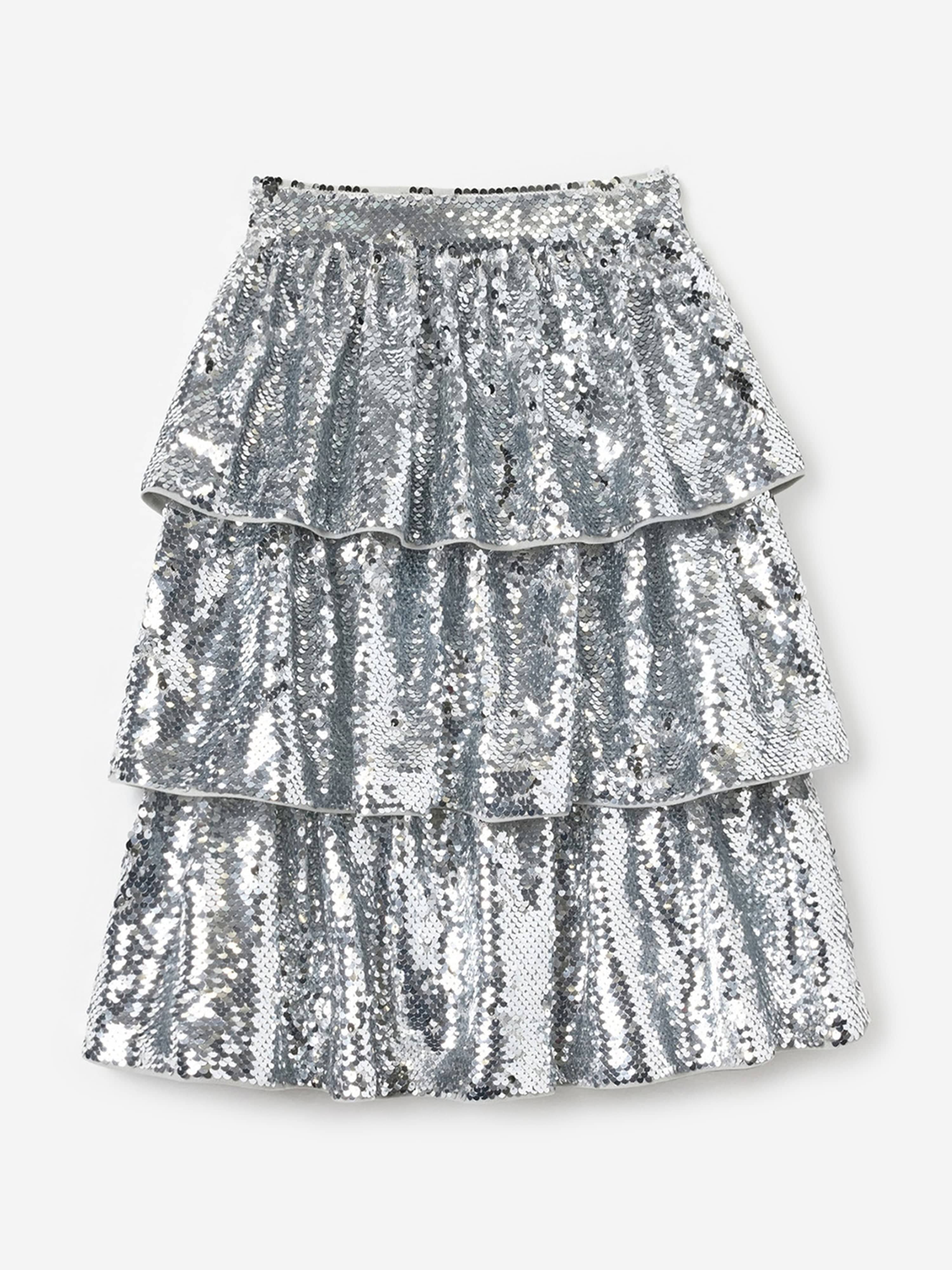 Self Portrait Girls Sequin Tiered Skirt in Silver 5