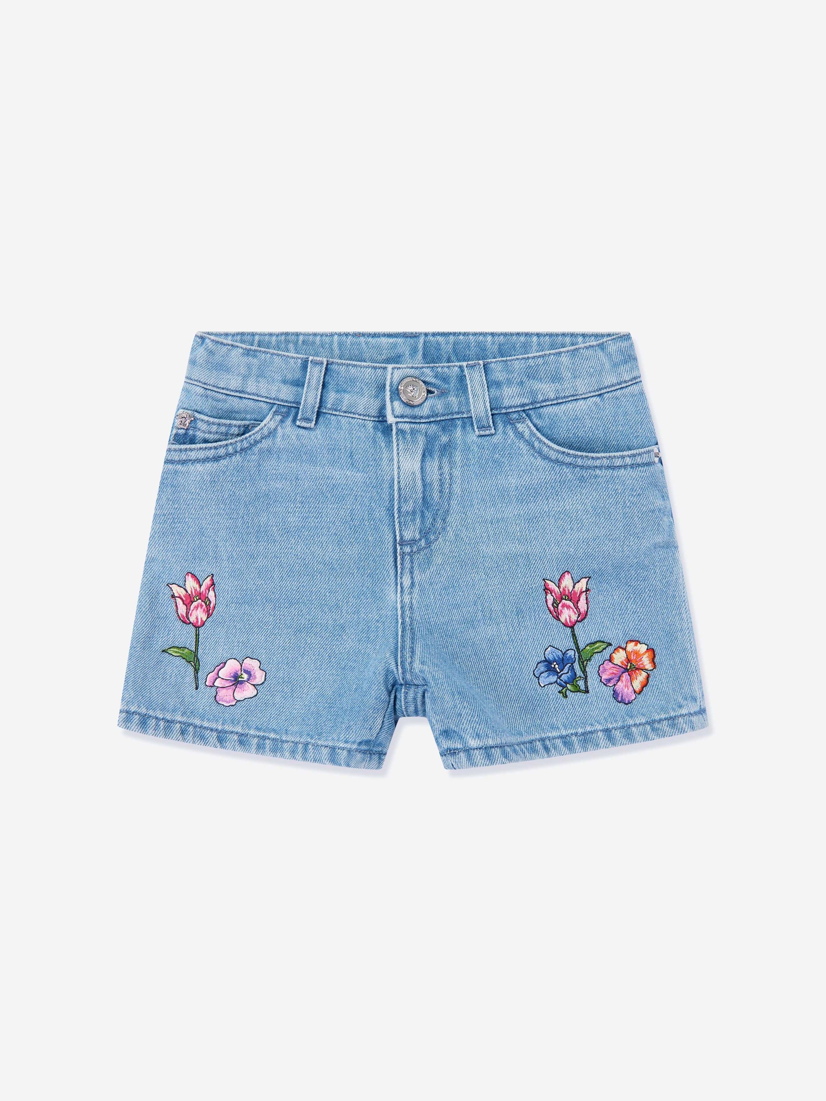 Versace Versace Girls Embroidered Flowers Denim Shorts in Blue