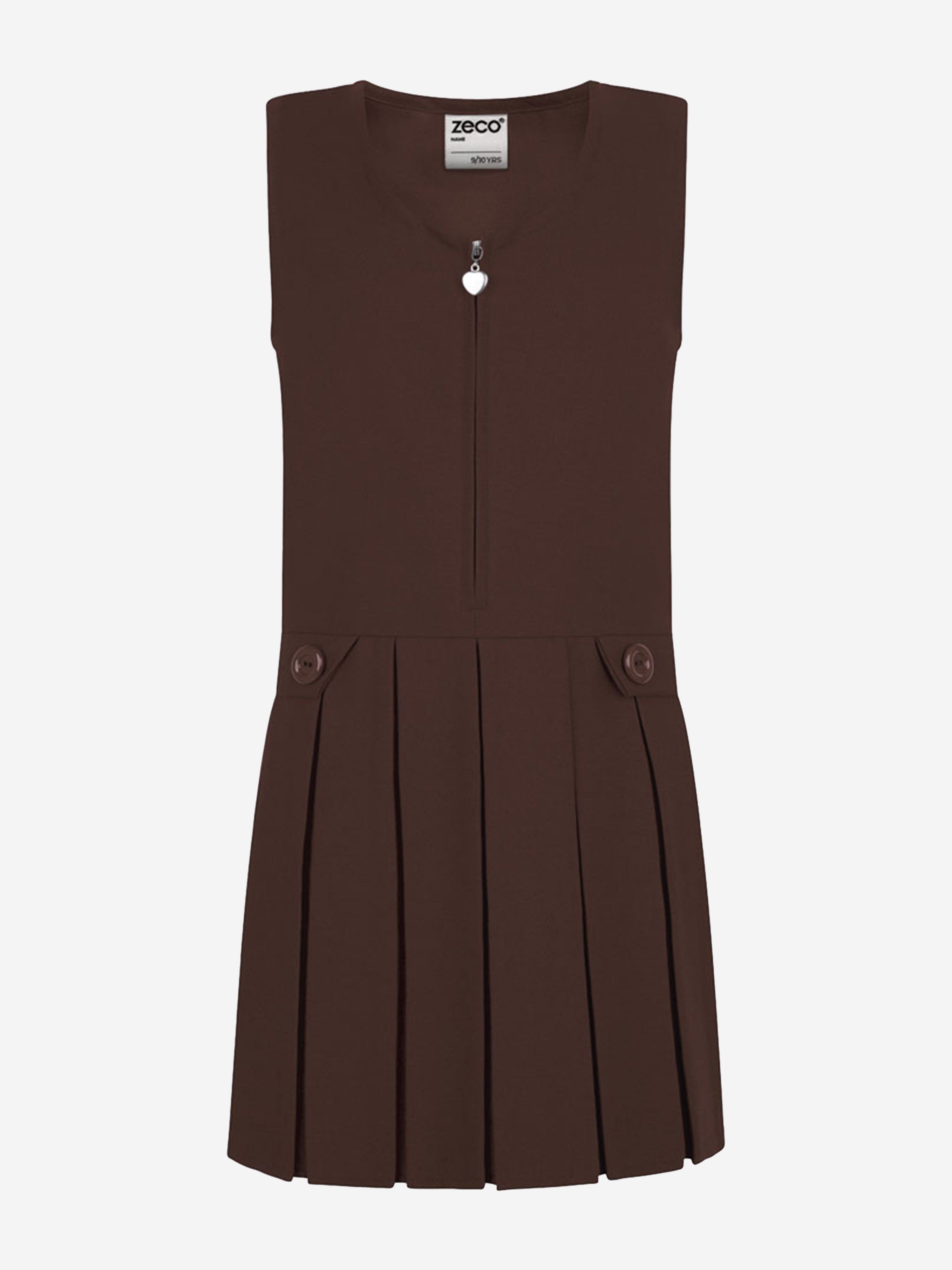 Zeco Schoolwear Zeco Girls School Zip Front Pinafore Dress in Brown 9