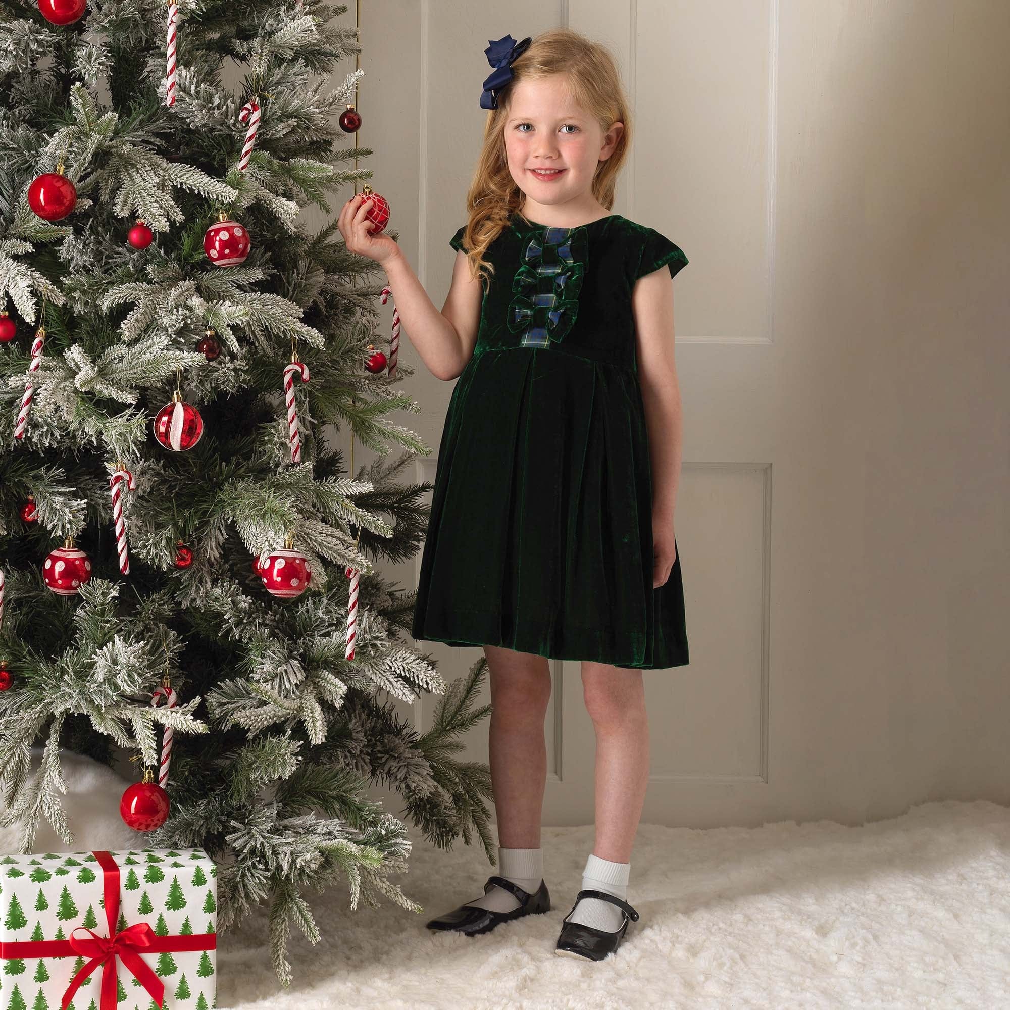 Rachel Riley Girls Tartan Bow Velvet Dress in Green 3Y Rachel Riley Girls Tartan Bow Velvet Dress in Green 3Y