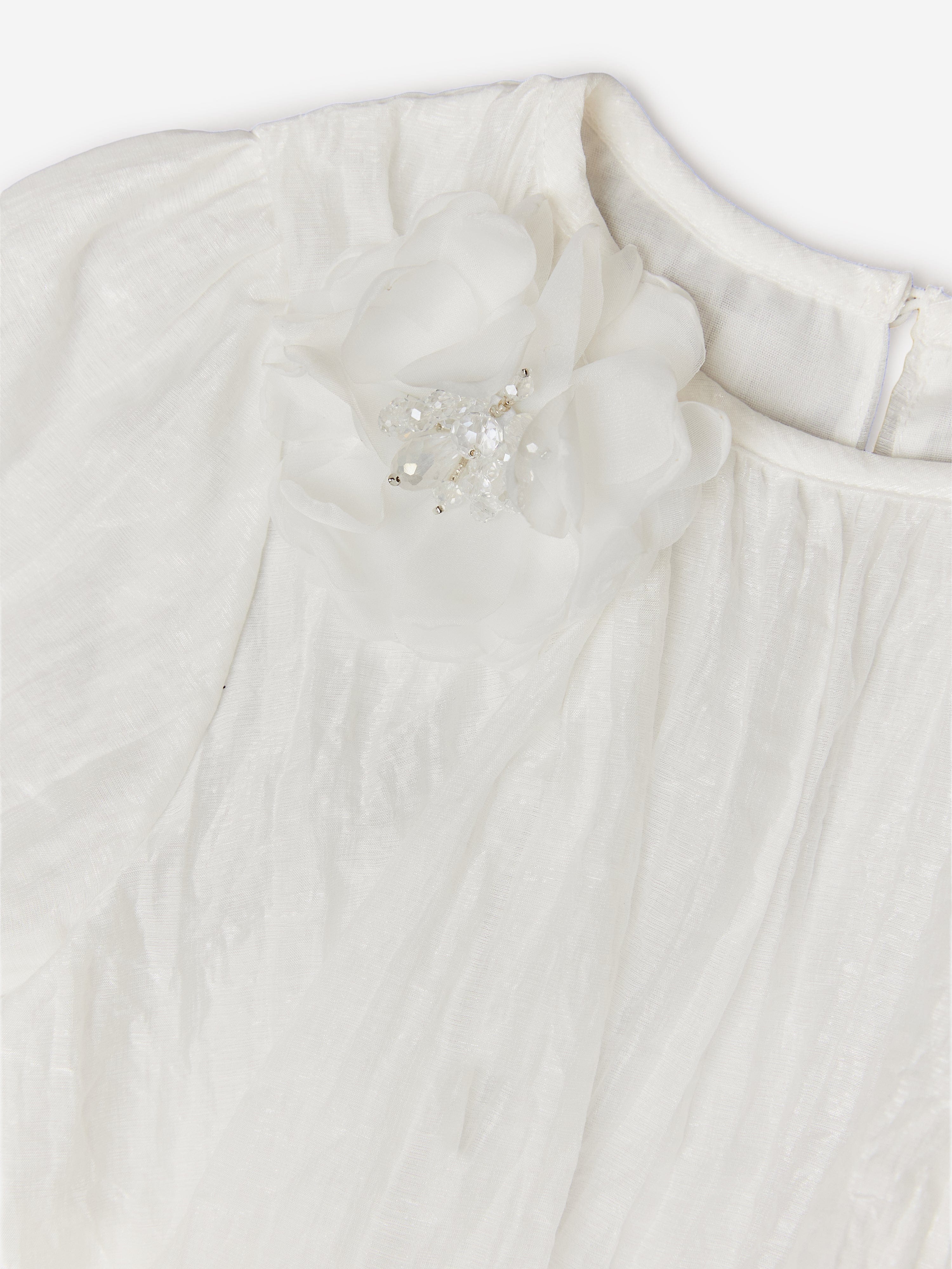 BCBGMAXAZRIA Girls Shimmer Ruffle Dress with 3D Flower in White
