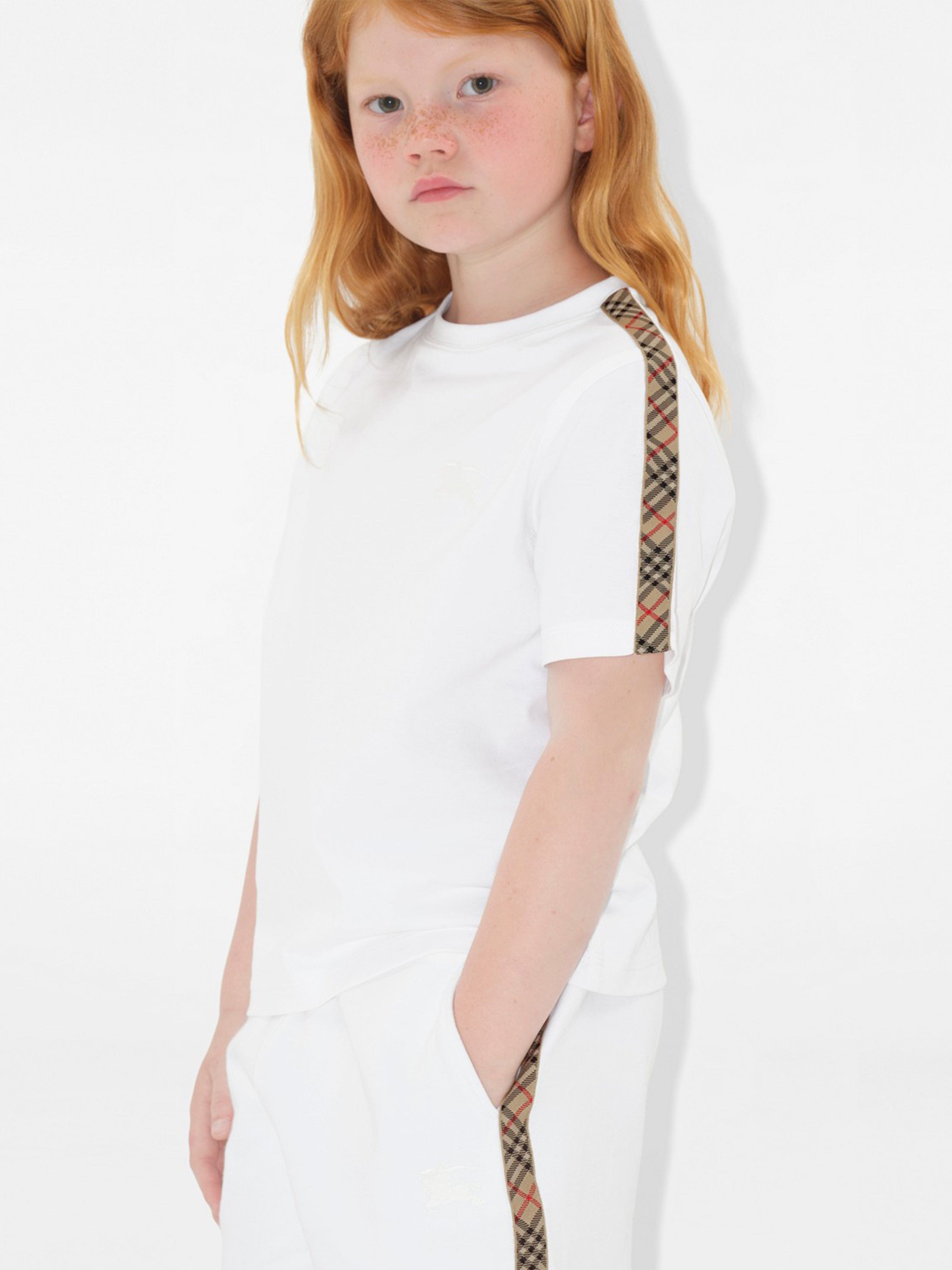 Burberry Girls Cedar Check Tape T-Shirt in White | Childsplay Clothing