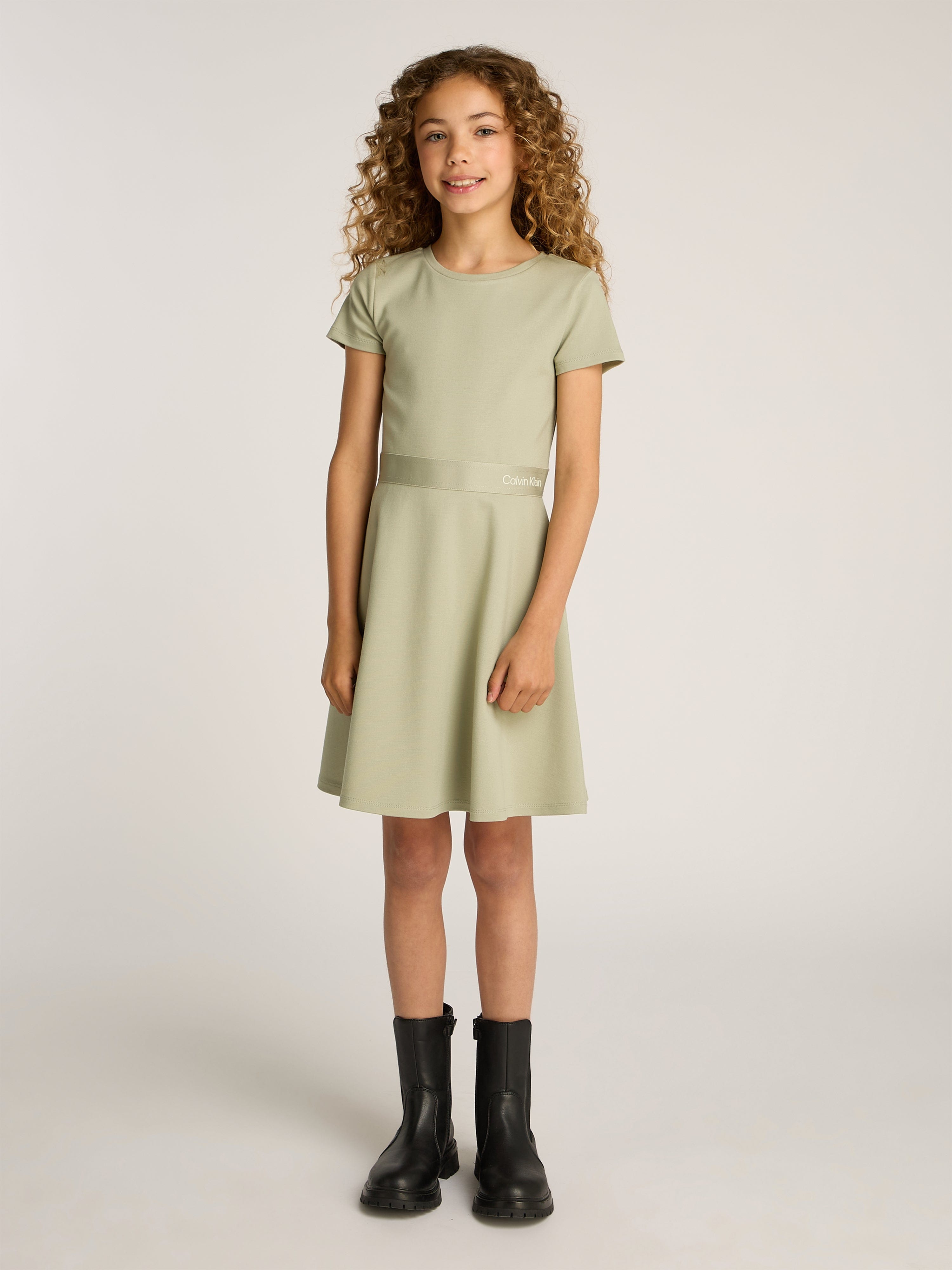 slim fit dress slacks Calvin Klein Girls Logo Tape Punto Dress in Green