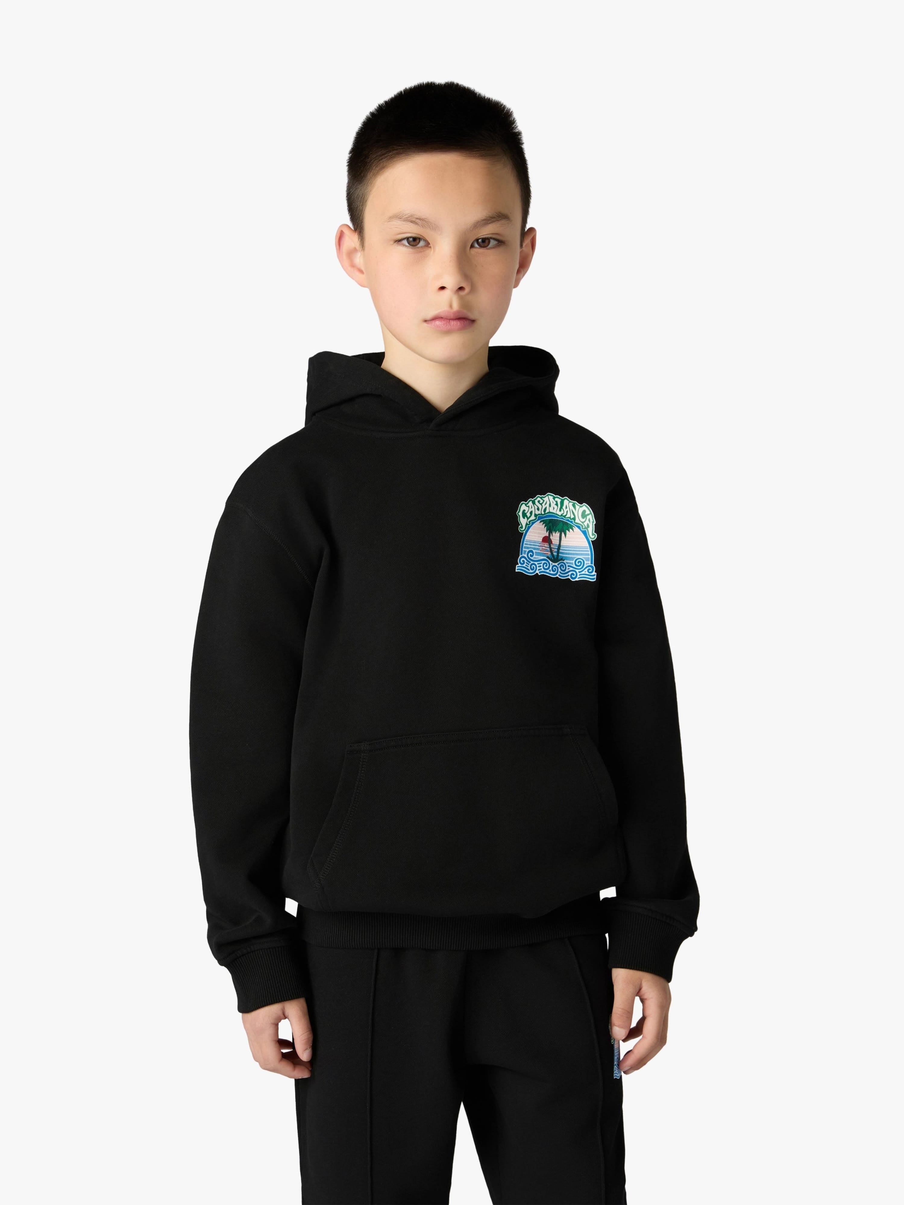 Casablanca Kids Loopback Palm Tree Print Hoodie in Black