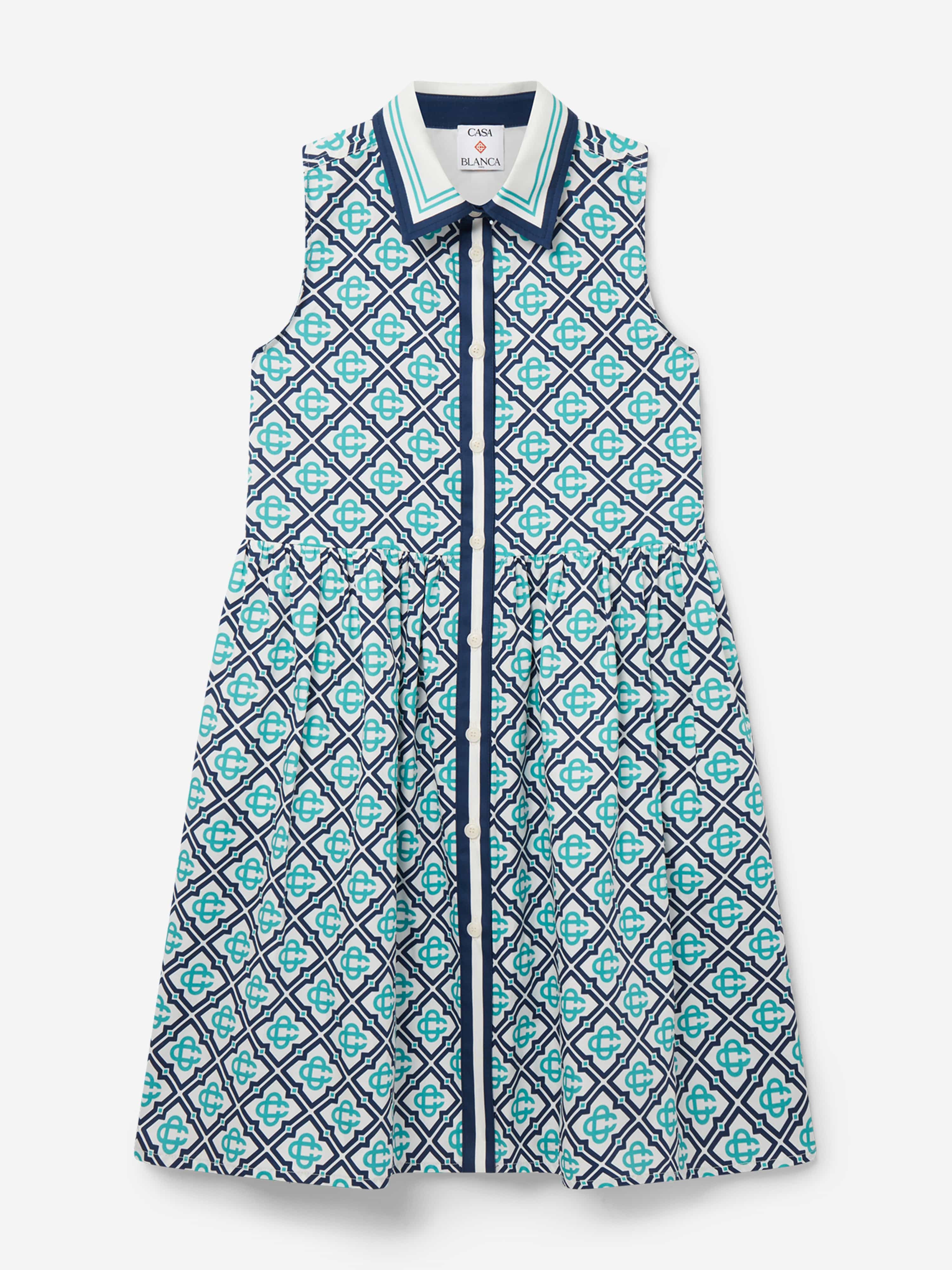 Casablanca Girls Monogram Sleeveless Shirt Dress in Blue
