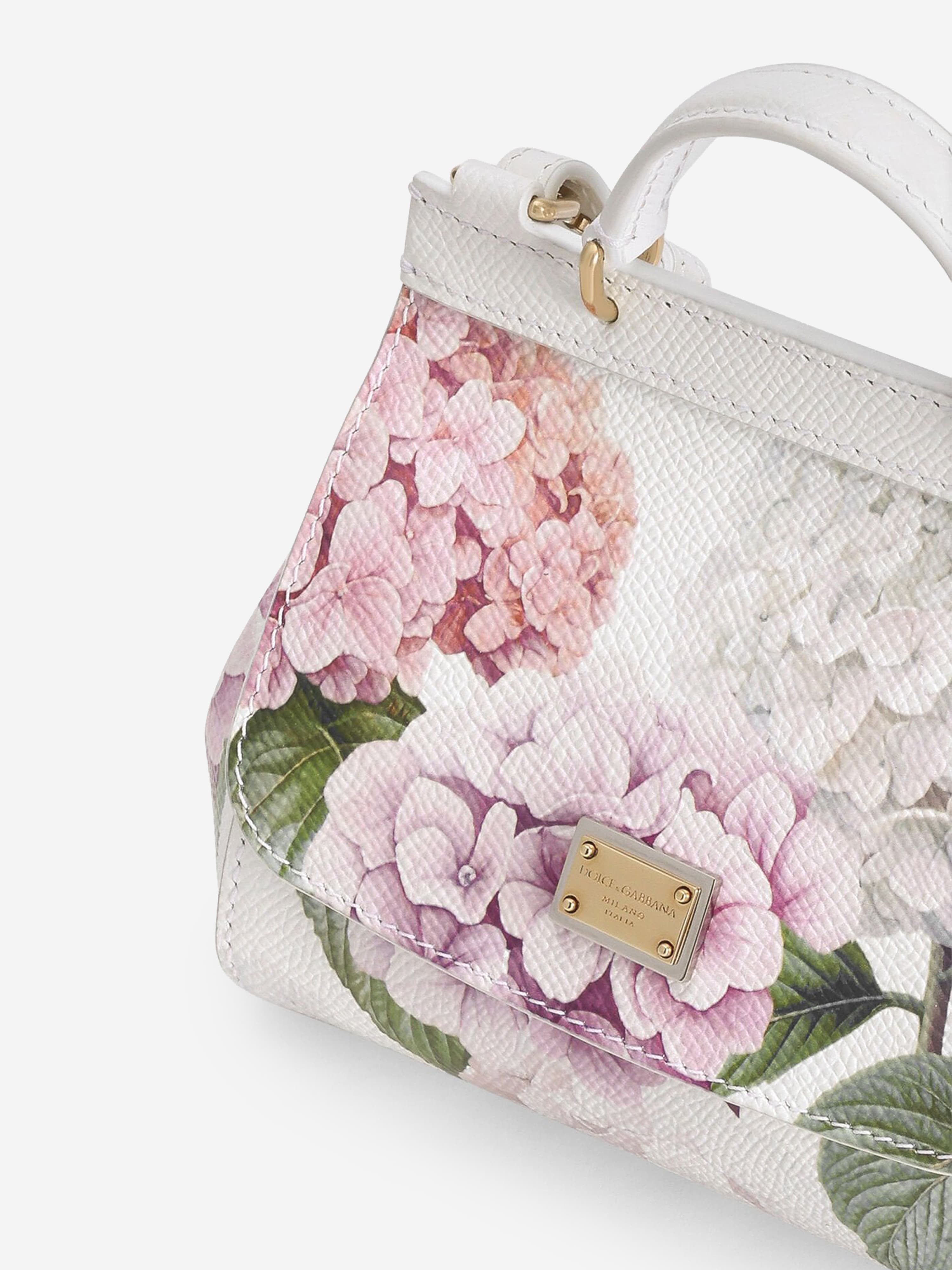 Dolce & Gabbana Girls Leather Hydrangea Print Handbag in White