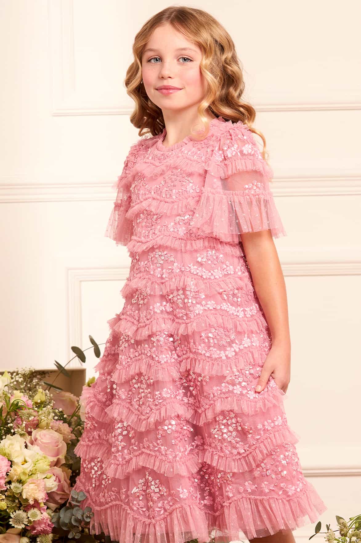 strapless open back dress Needle & Thread Girls Daisy Wave Dress in Pink