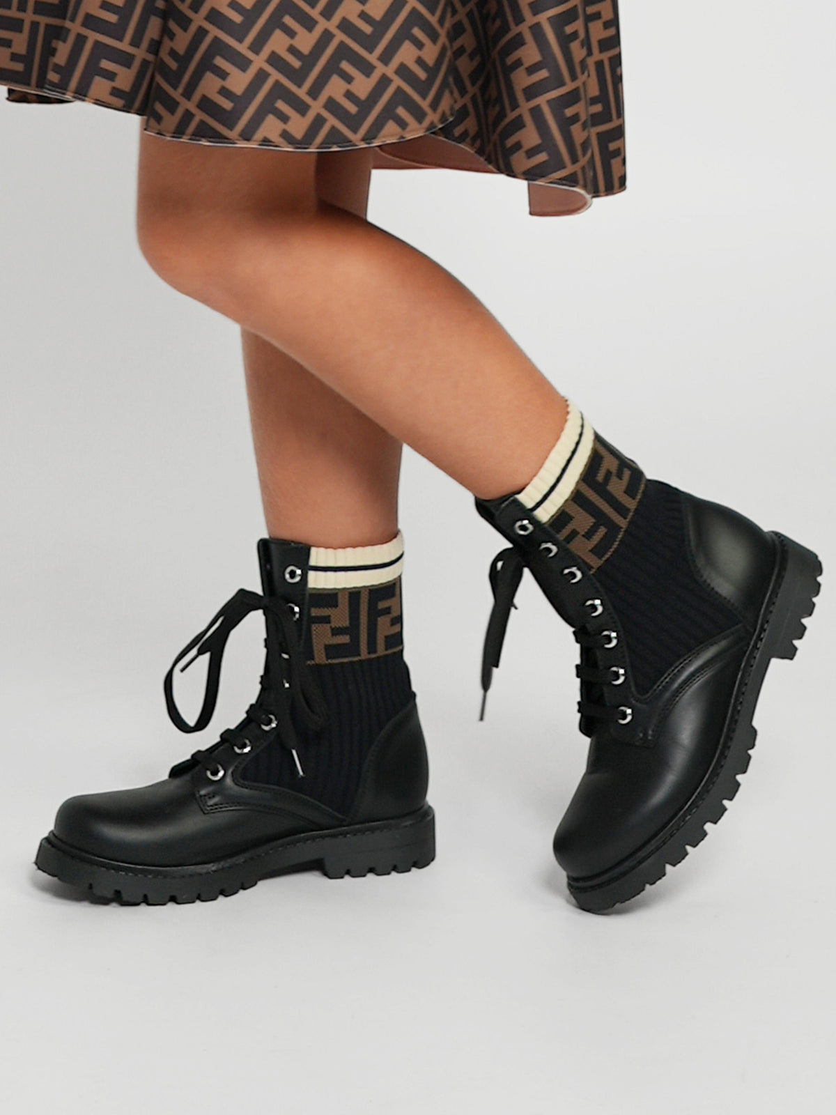 Fendi Kids - Kids Leather FF Logo Biker Boots in Black 