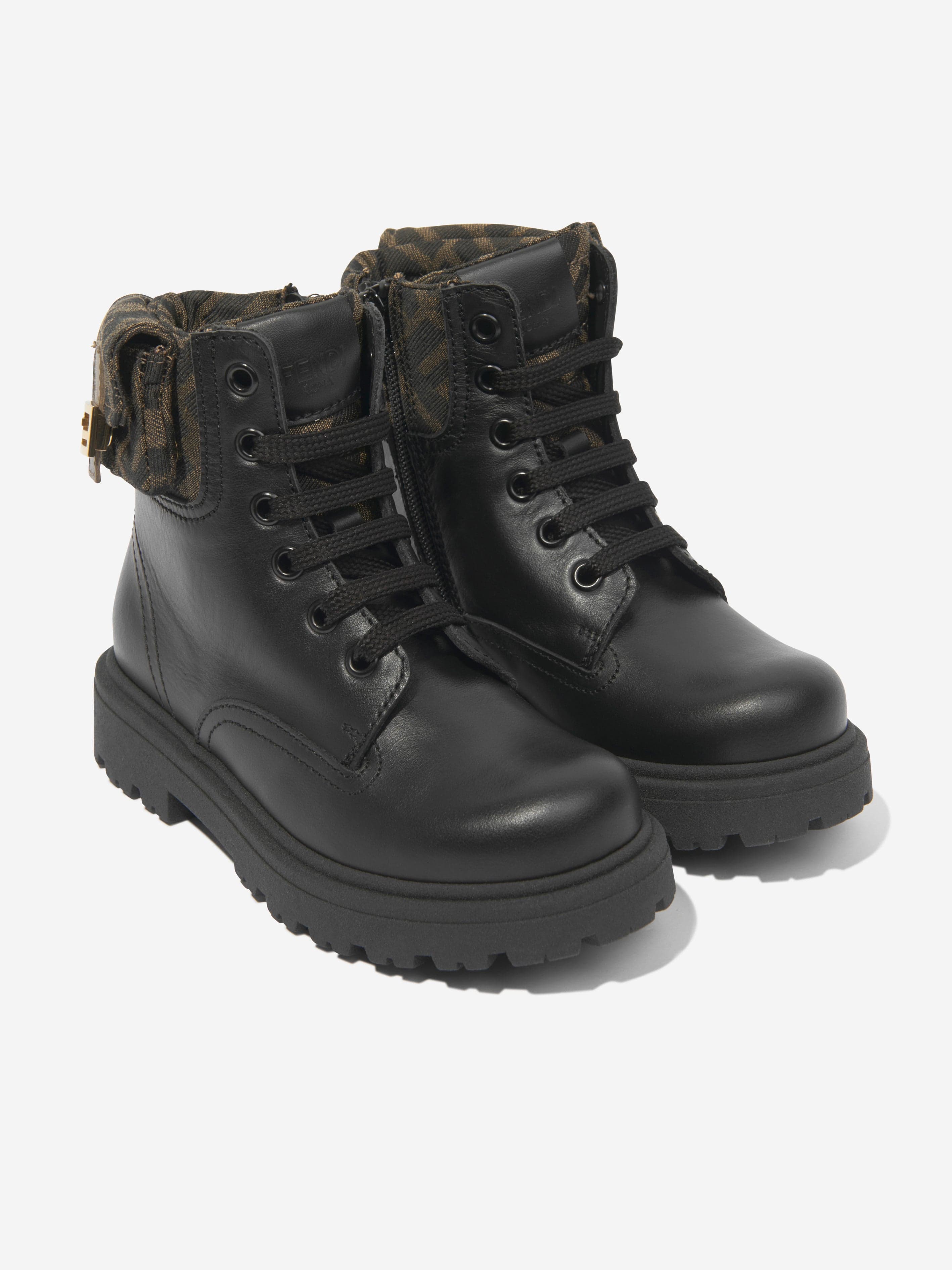 Fendi Kids Fendi Kids Leather Baguette Biker Boots in Black