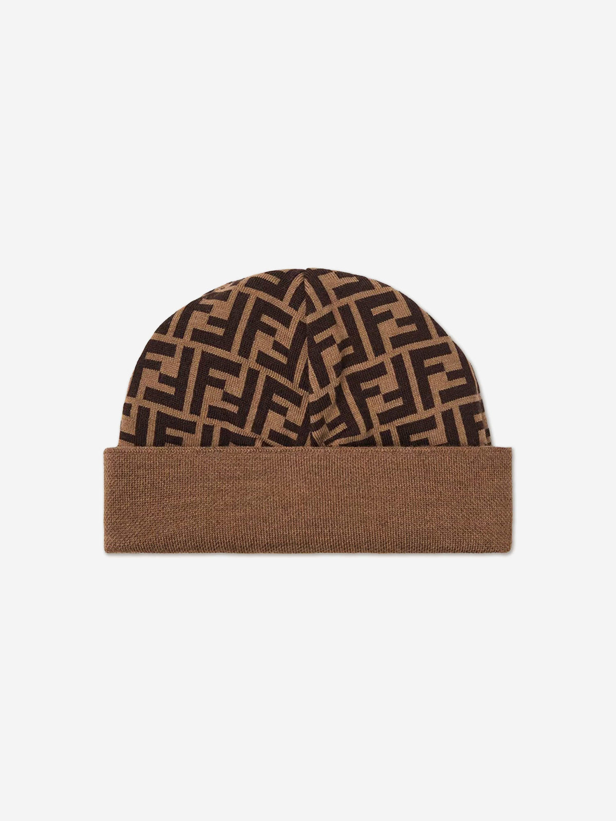 Fendi Kids Wool FF Logo Reversible Beanie Hat in Brown 