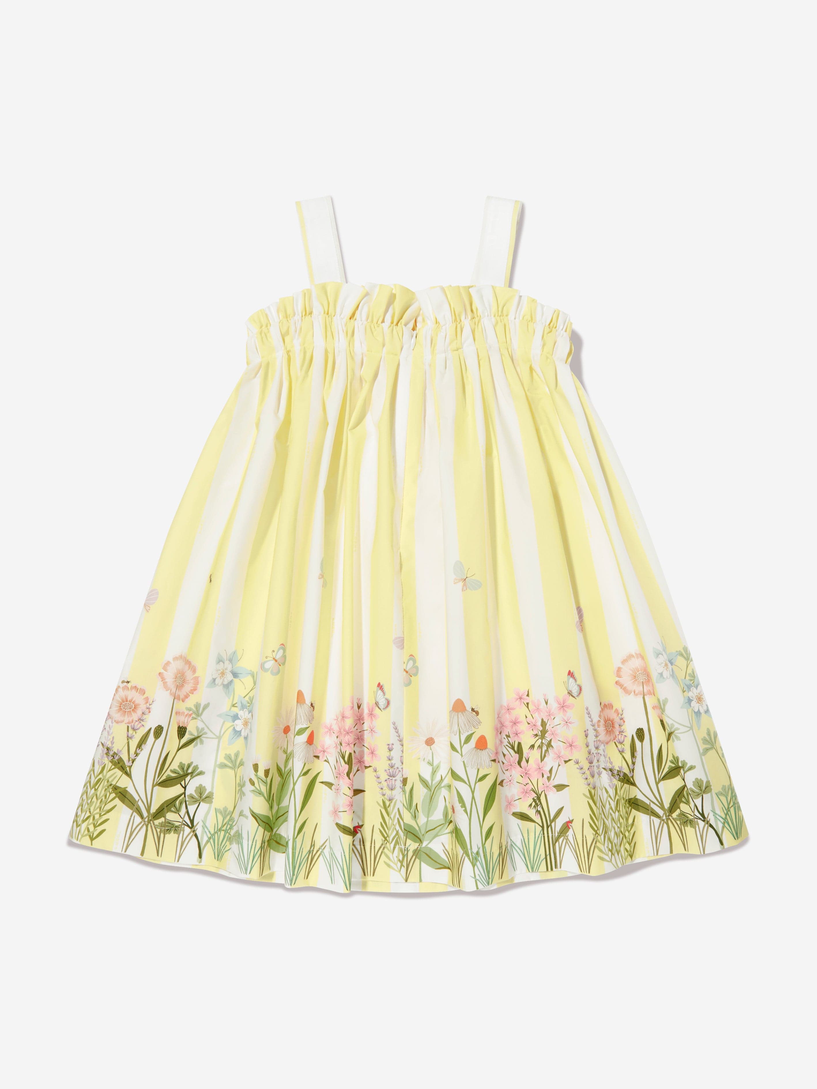 Fendi Girls Cotton Striped Flower Dress in Yellow