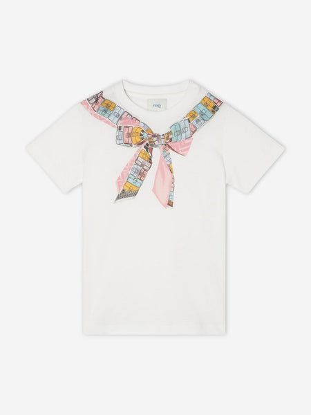 Fendi Girls Trompe l'oeil Bow Print T-Shirt in White | Childsplay