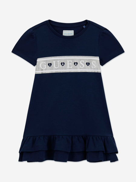 Guess Girls Logo Jersey Dress in Navy