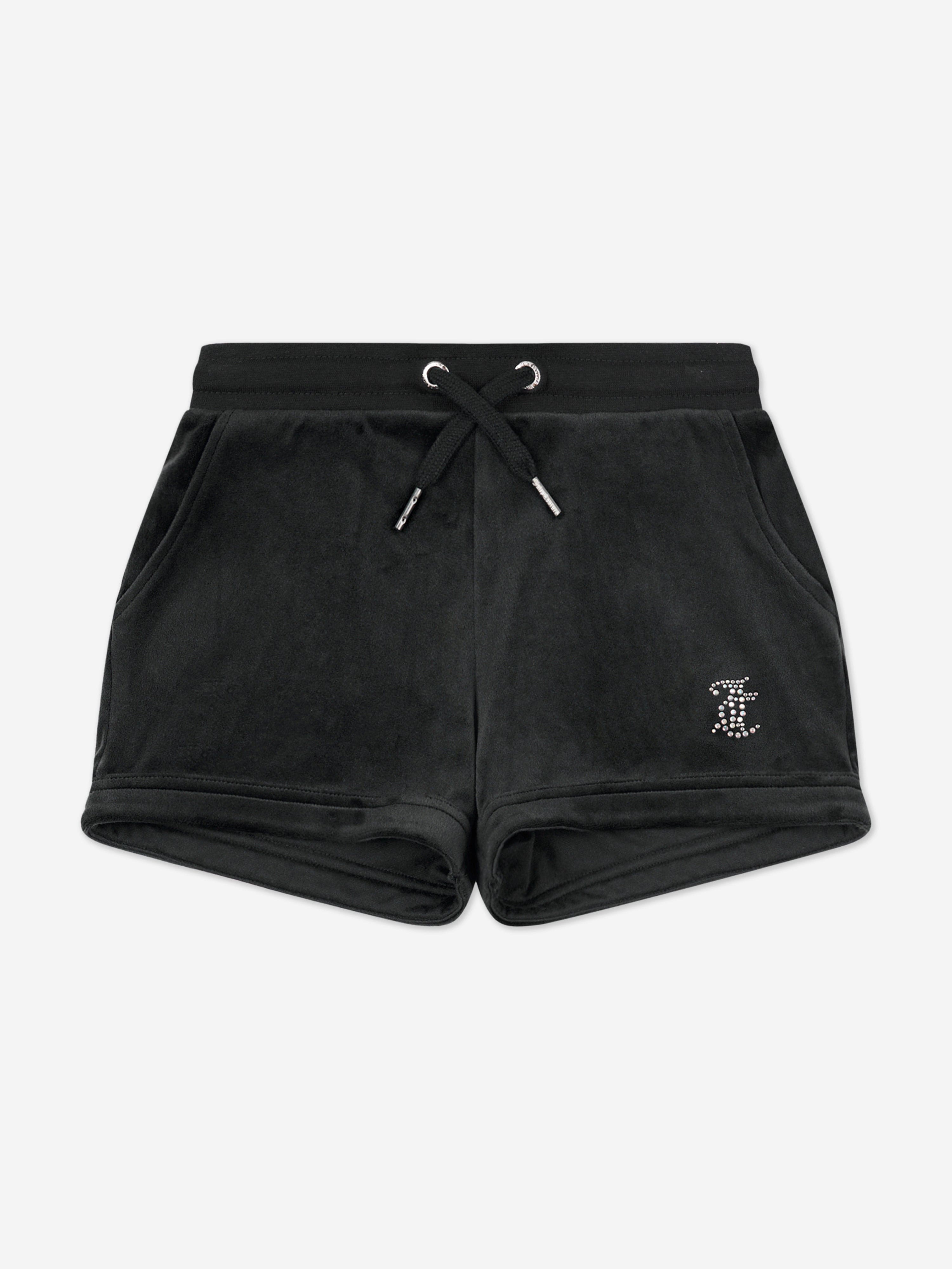 Juicy Couture Girls Diamante Velour Fold Up Shorts in Black