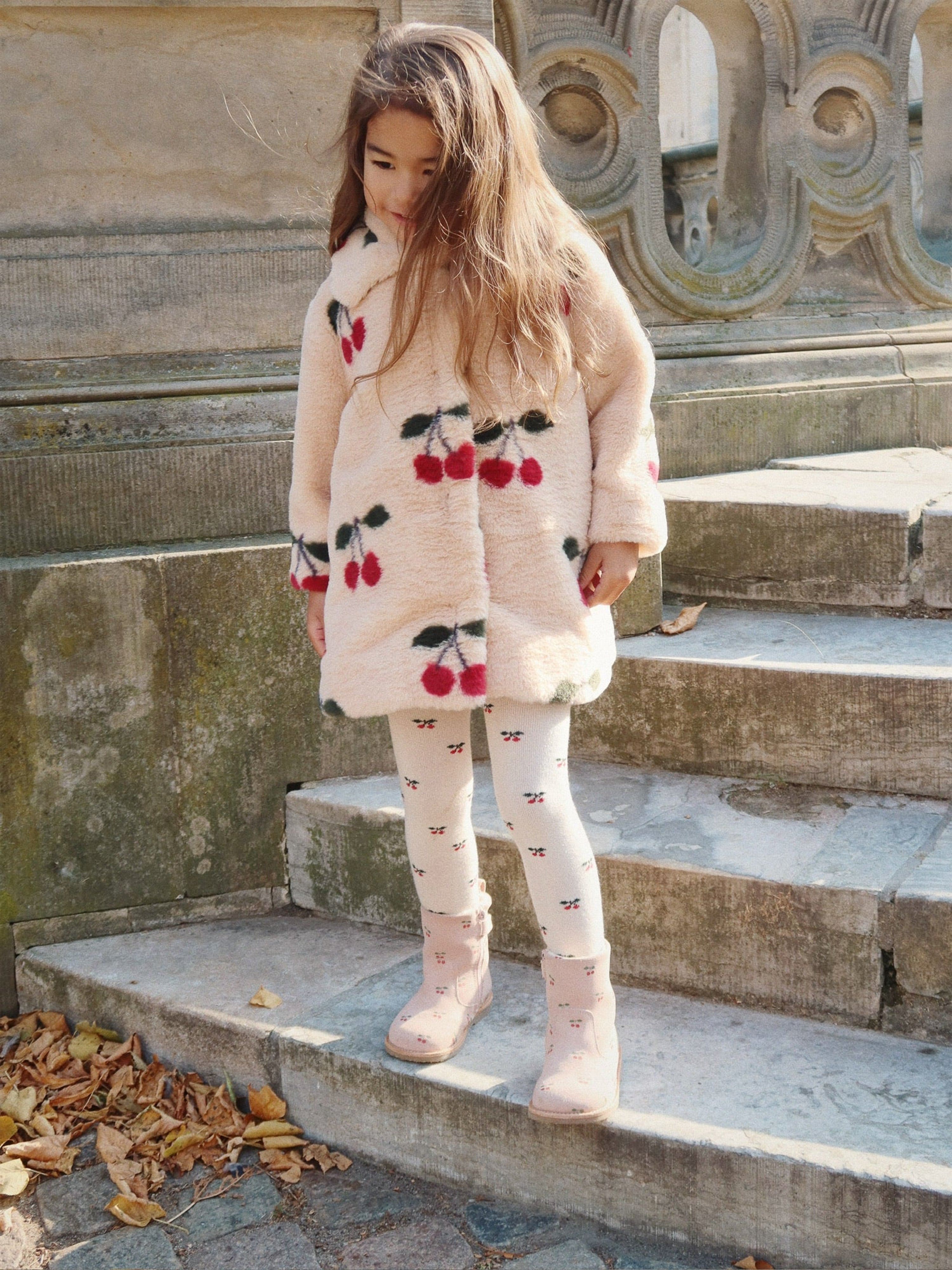 Konges Sløjd Girls Cherry Faux Fur Coat in Beige | Childsplay Clothing