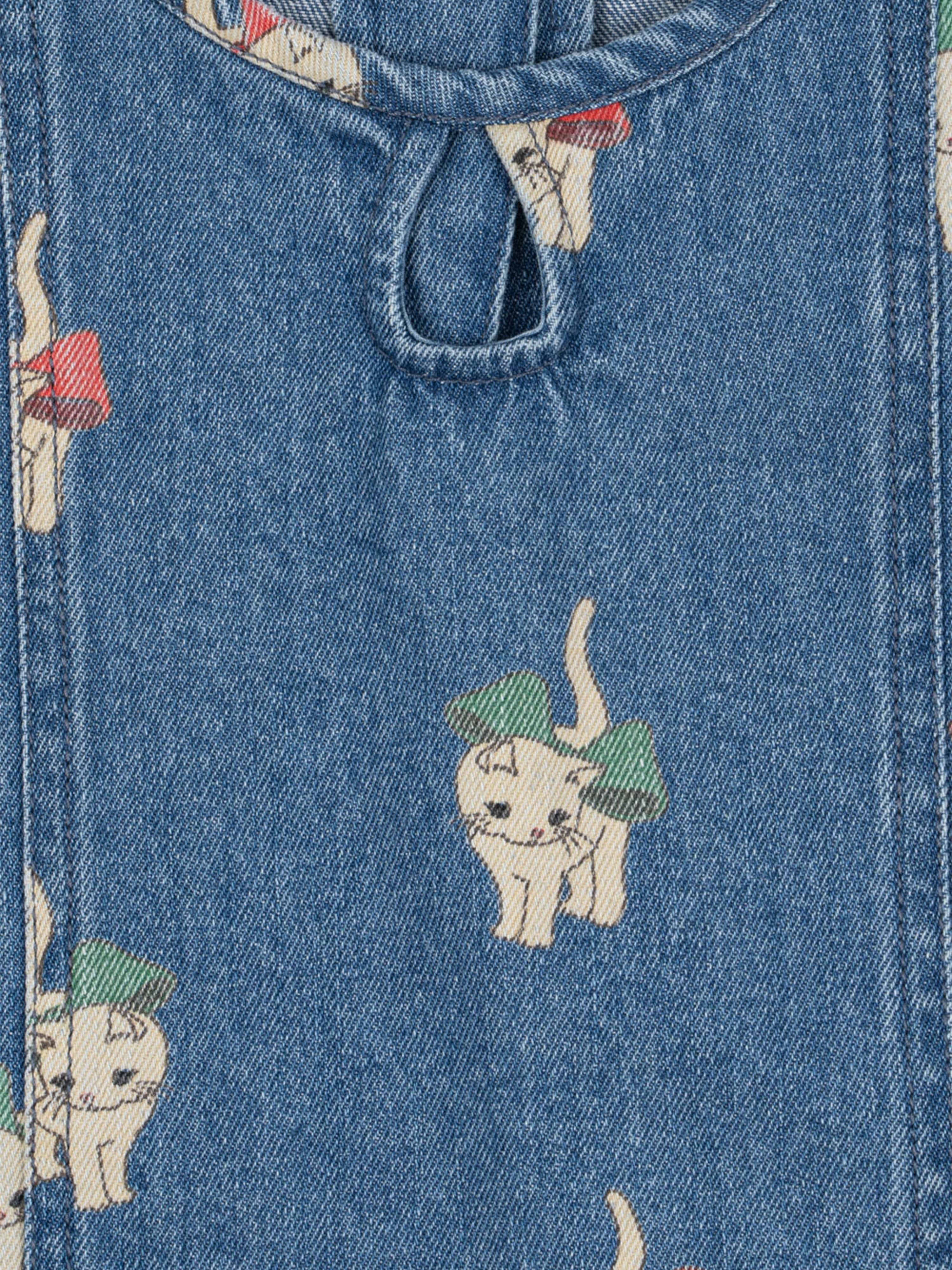 konges sløjd 猫プリント デニムワンピース 4Y Konges Sløjd Girls Magot Bow Kitty Denim Dress in Blue