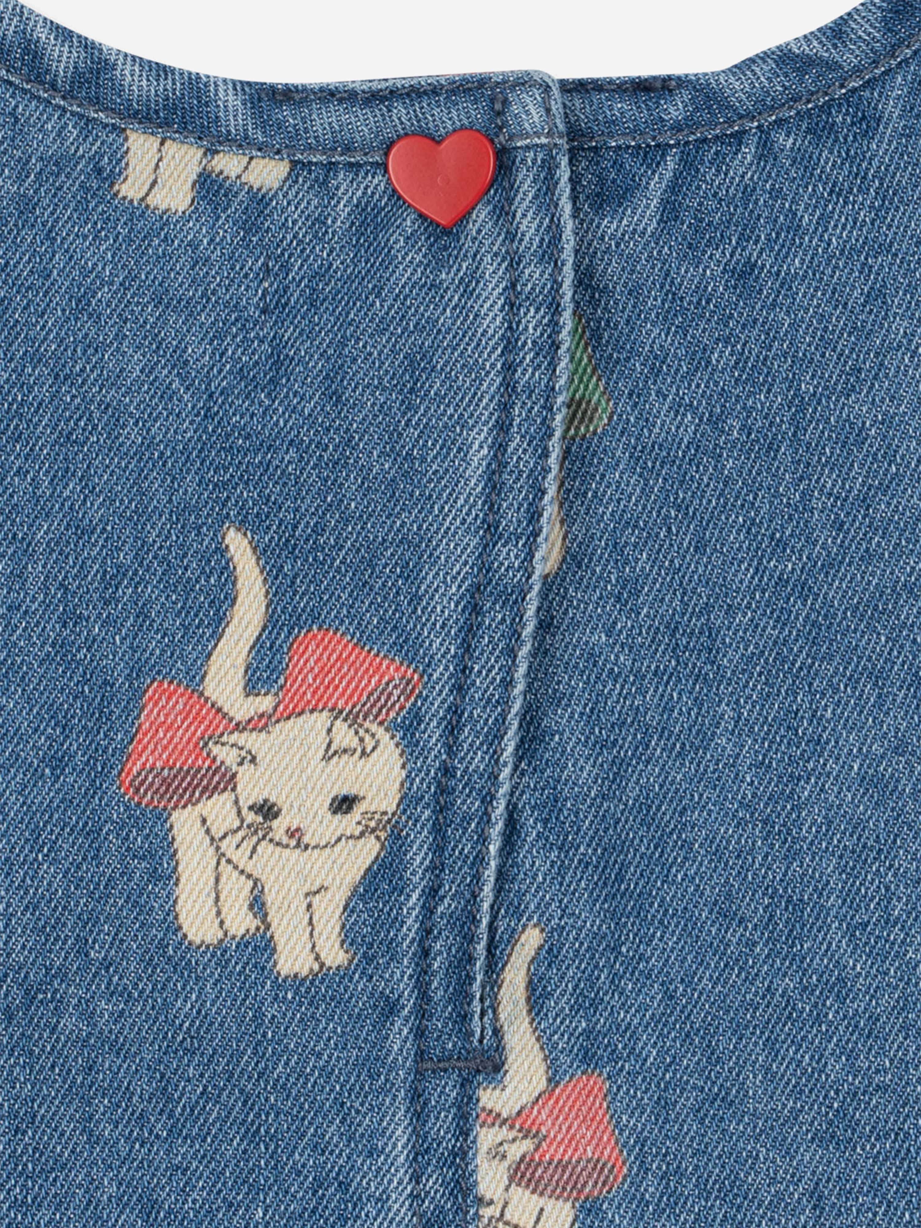 konges sløjd 猫プリント デニムワンピース 4Y Konges Sløjd Girls Magot Bow Kitty Denim Dress in Blue