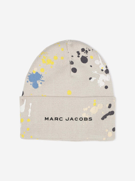 MARC JACOBS Boys Paint Stain Knitted Beanie Hat in Ivory