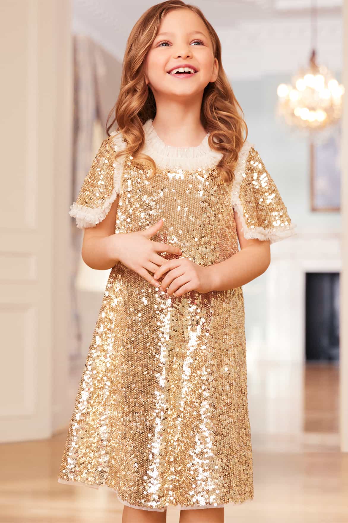 slim fit dress slacks Crew Neck Long Sleeves Sequins Dresses Shining Flower Girls Dress Sparkling Piano Recital Dresses Elegant Satin Party Gown, Gold / 16 main image 0