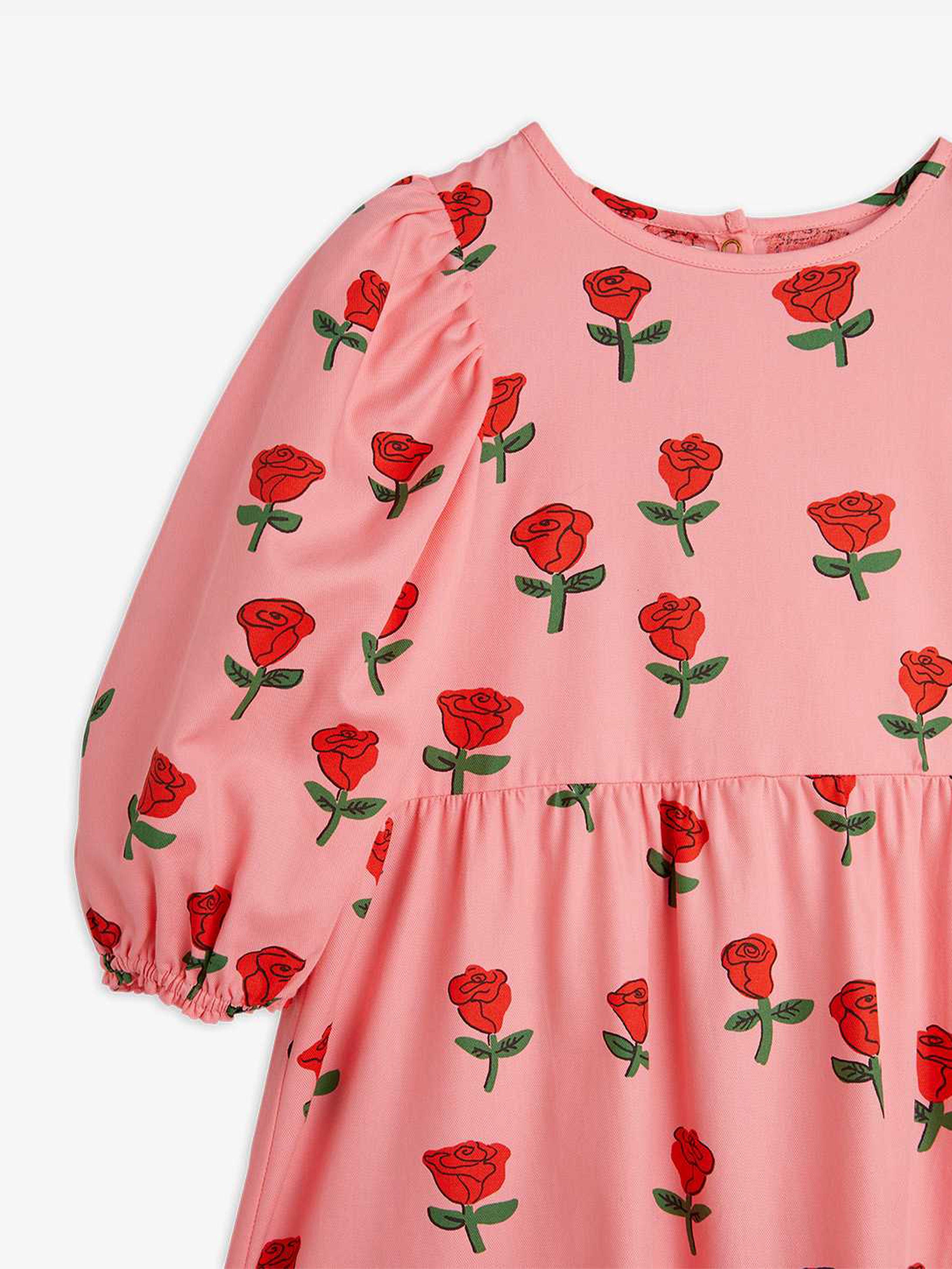 Mini Rodini Girls Roses AOP Puff Sleeve Dress in Pink | Childsplay