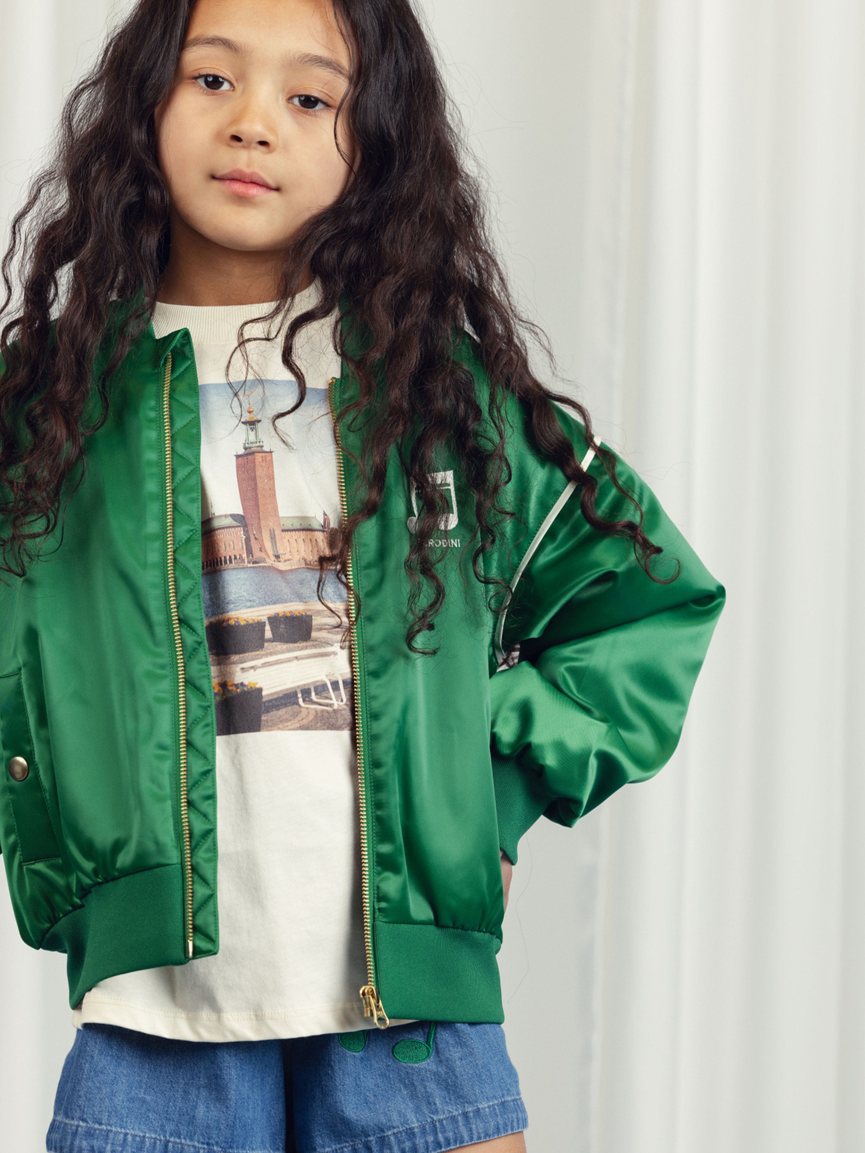 Mini Rodini Kids Note Chenille Satin Baseball Jacket in Green