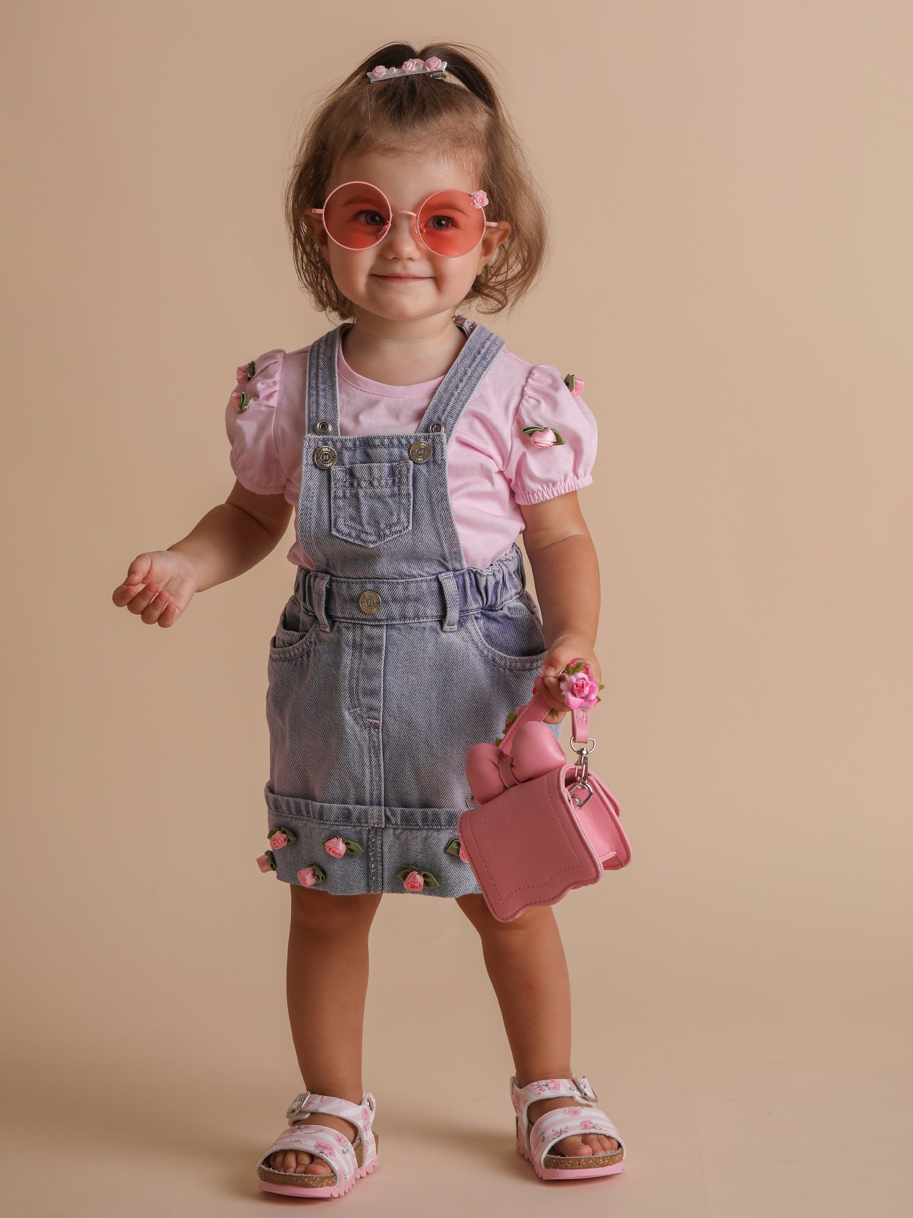 Monnalisa Baby Girls Rose Denim Dungaree Dress in Blue Monnalisa Baby Girls Rose Denim Dungaree Dress in Blue