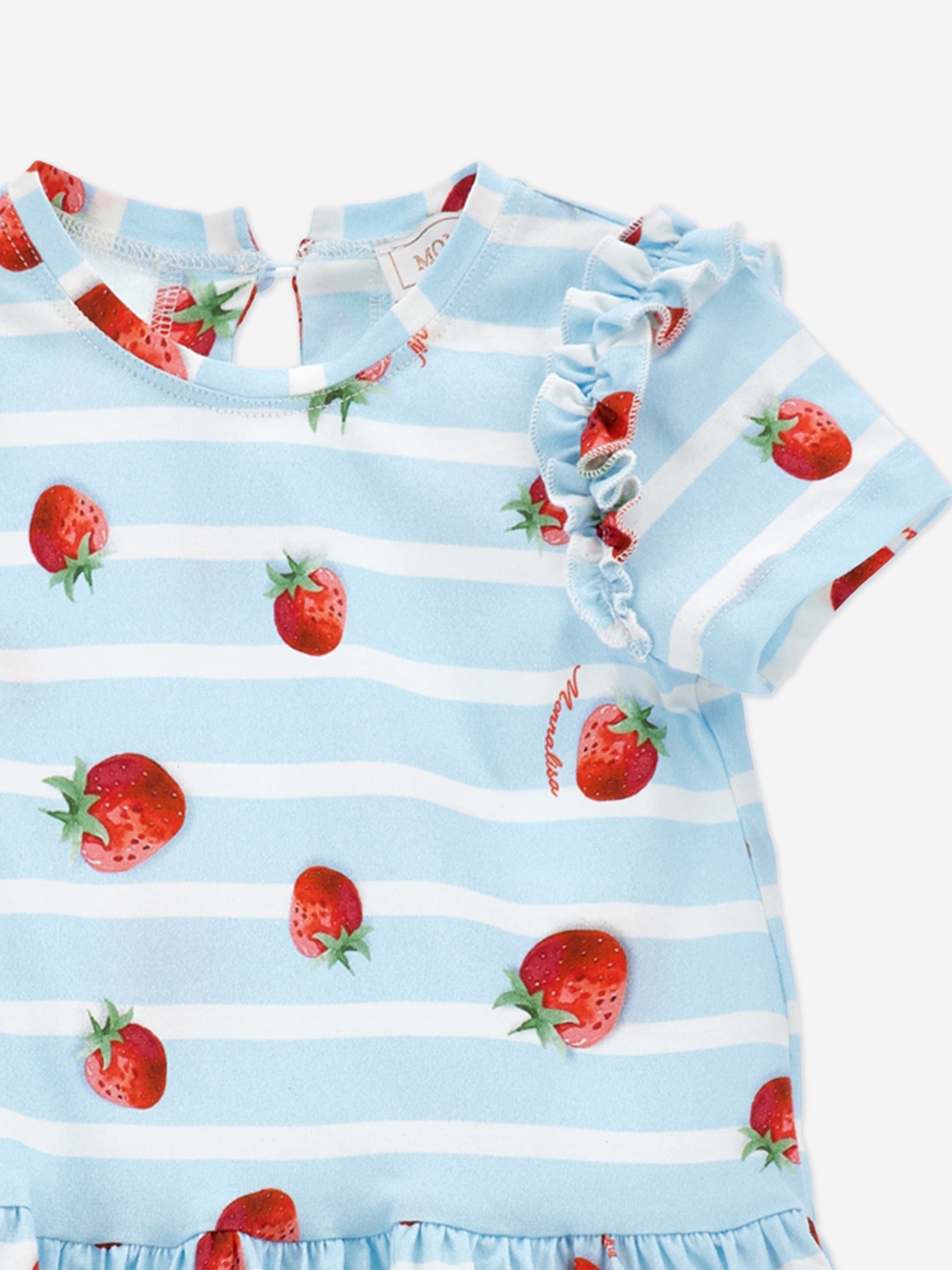 Monnalisa Baby Girls Striped Strawberry Dress in Blue