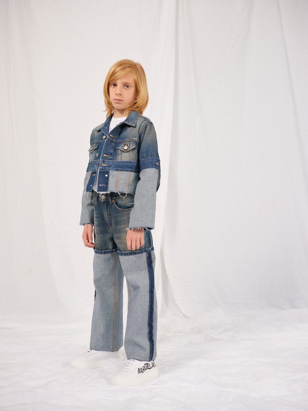 MM6 Maison Margiela Kids Re-Cut Shaded Denim Jacket in Blue 