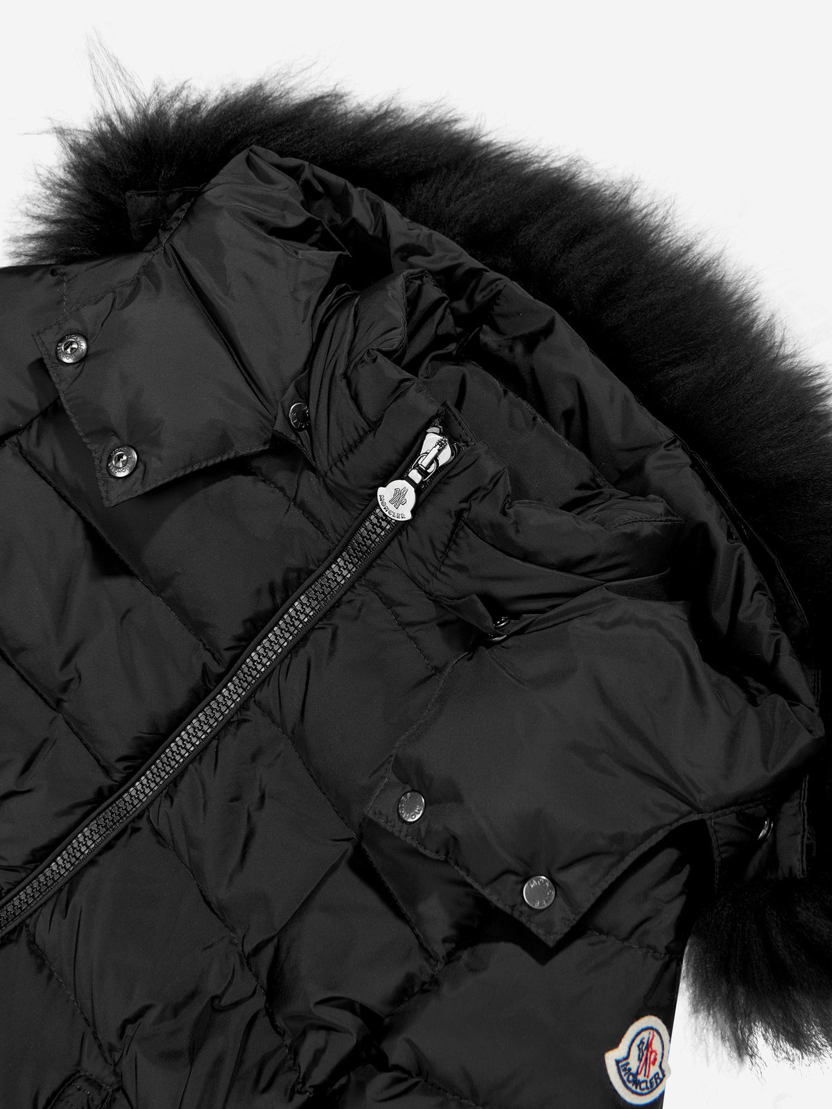 Moncler Enfant Girls Abelle Hooded Shearling Down Coat in Black 