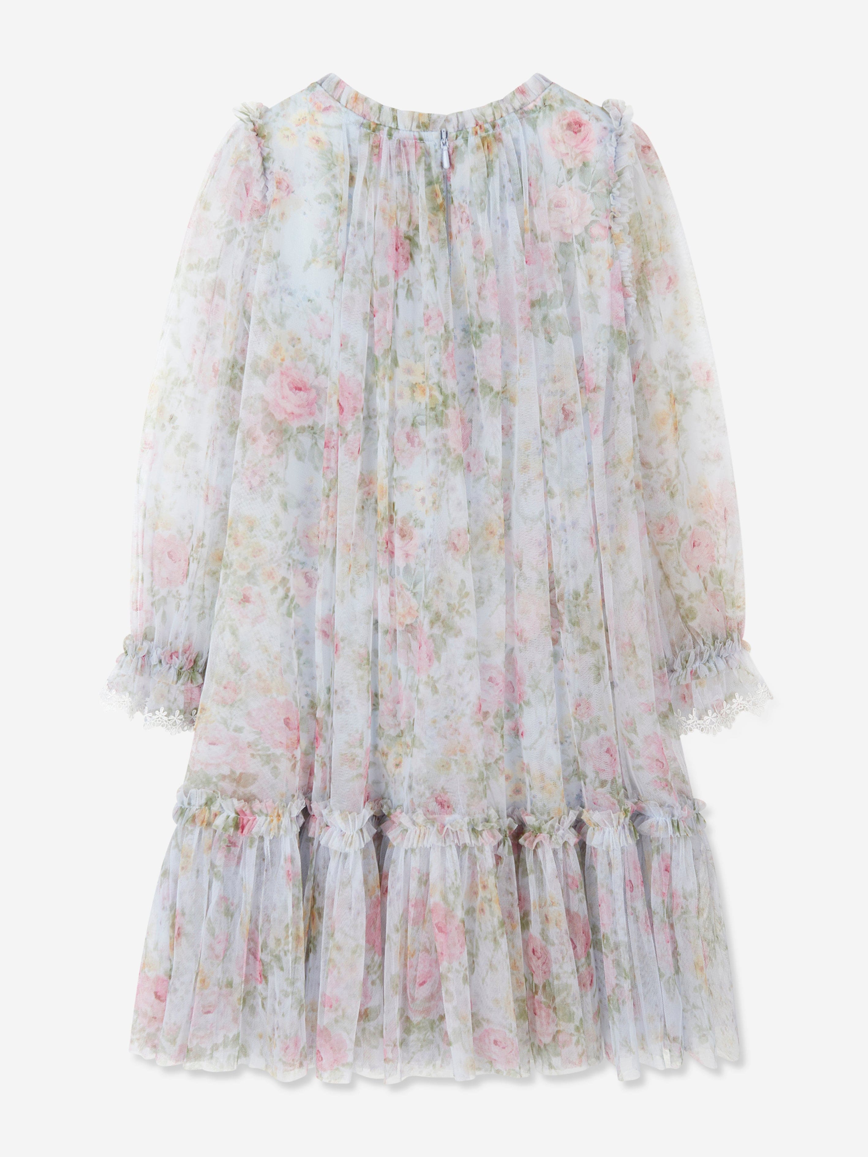 needle and thread floral diamond chiffon dress Needle & Thread Girls Pompadour Garden Long Sleeve Dress in Blue