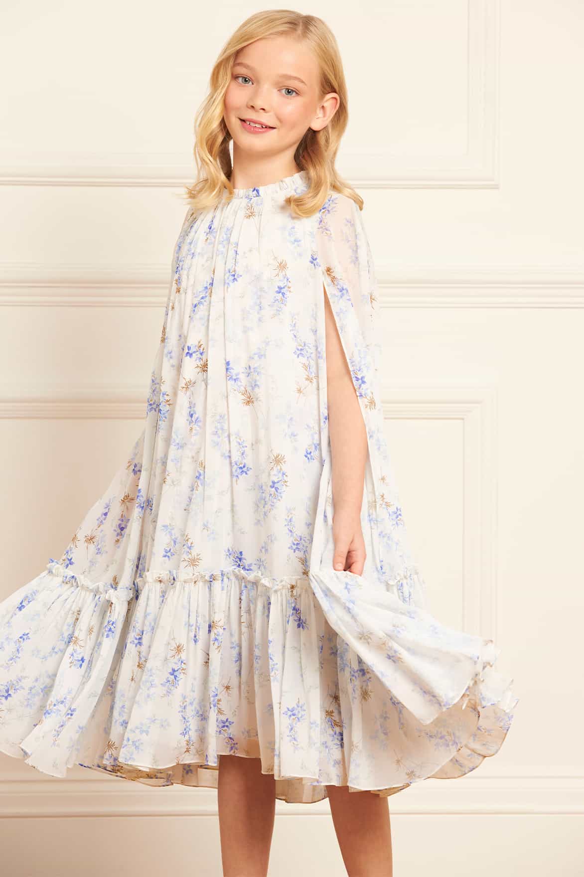 Needle & Thread Girls Ophelia Ditsy Chiffon Cape Dress in White 4 Yrs
