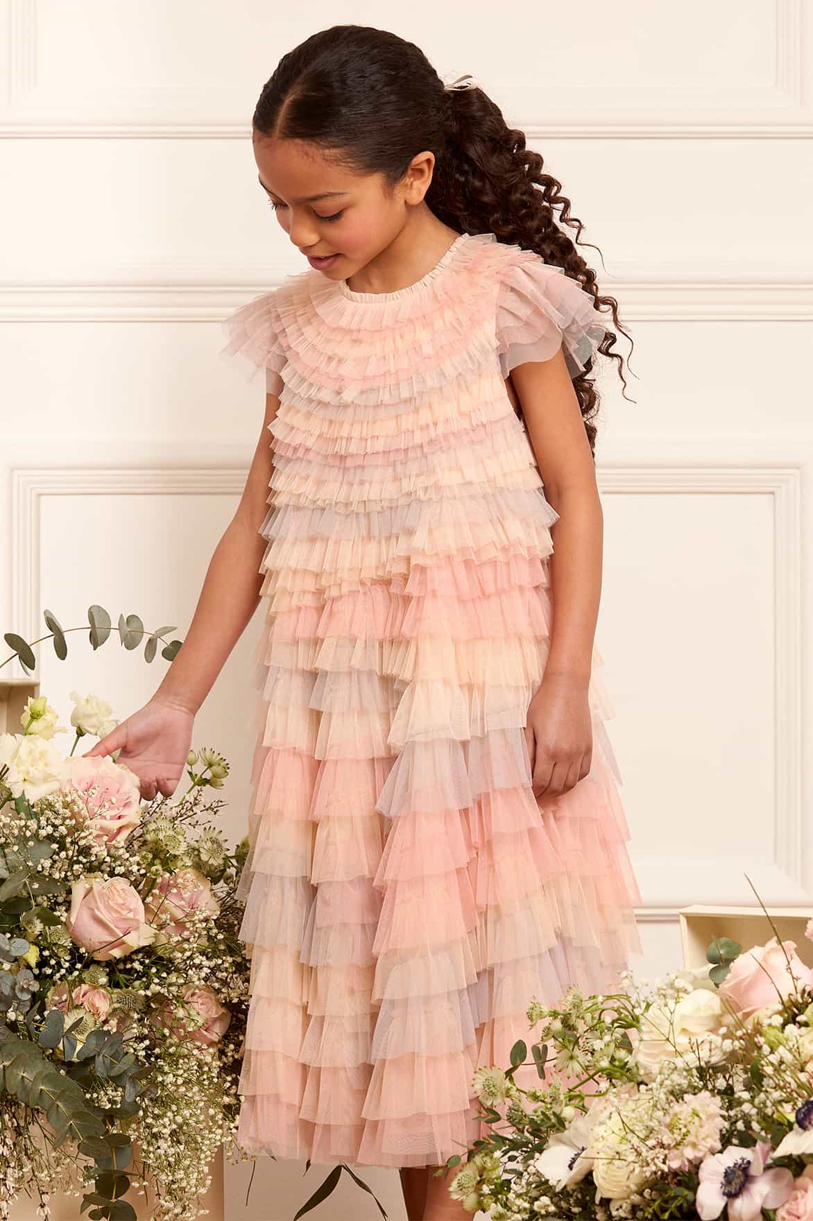strapless open back dress Needle & Thread Girls Tulle Petra Ruffle Dress in Pink