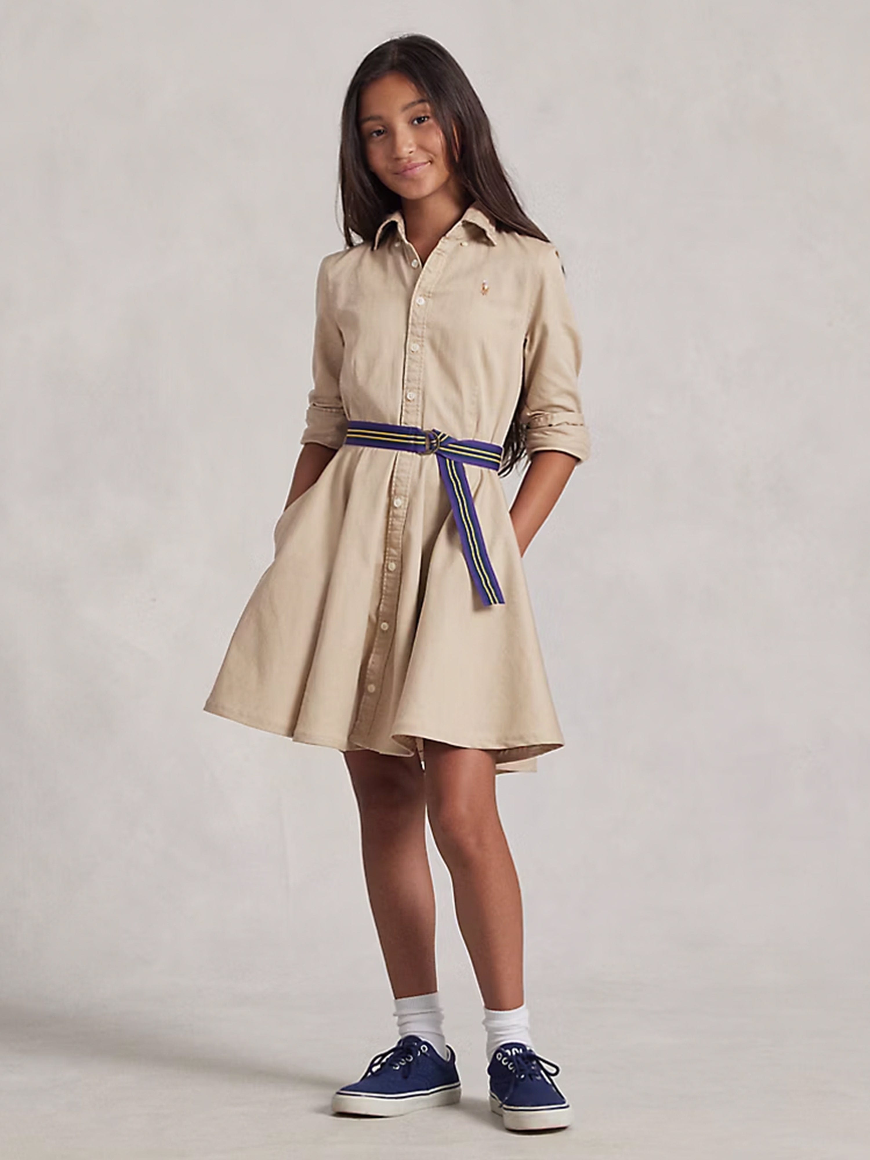 Ralph Lauren Girls Belted Chino Shirt Dress in Beige