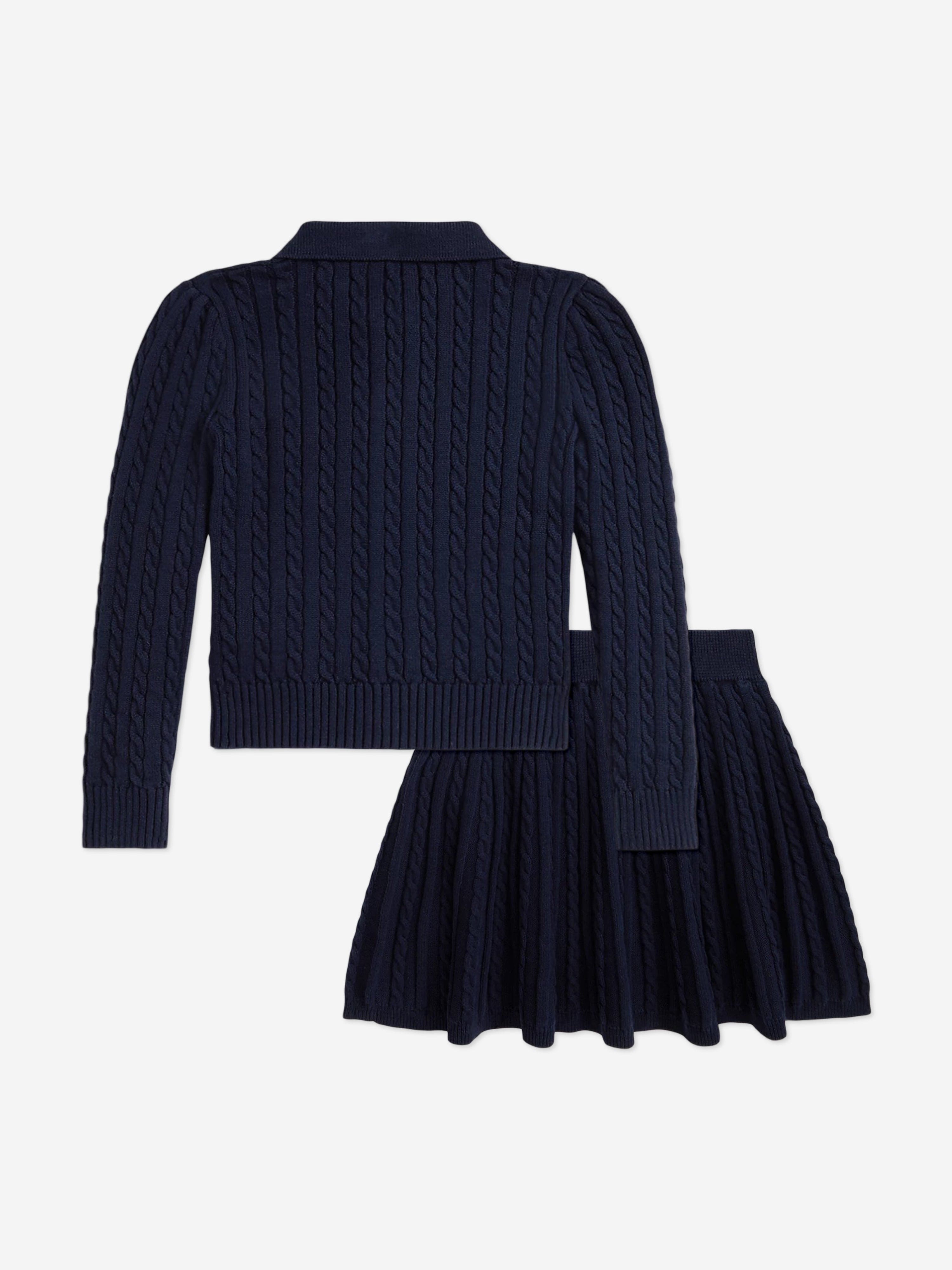 Ralph Lauren Girls Cable Knit Cardigan and Skirt Set in Navy