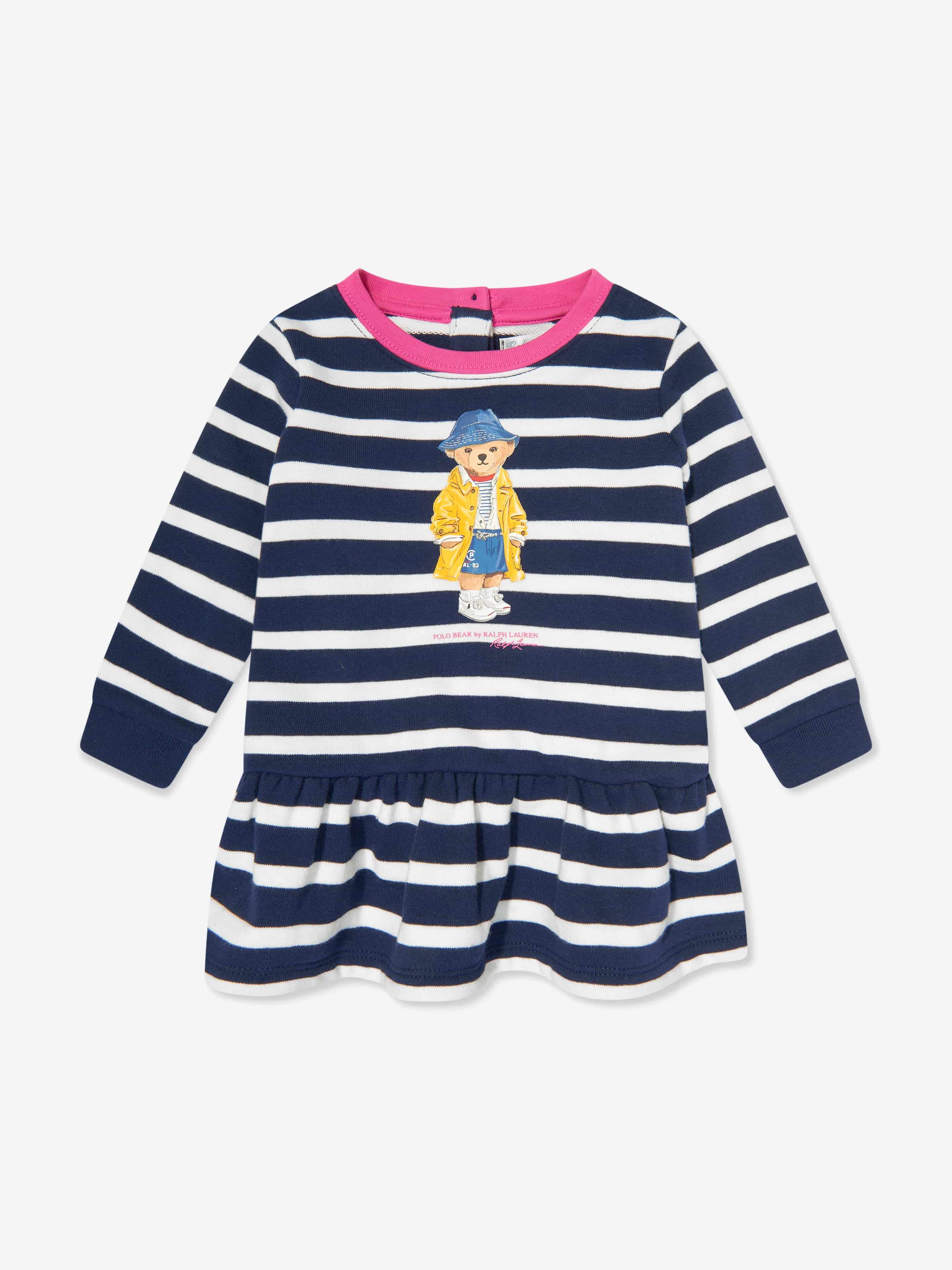 Ralph Lauren Baby Girls Striped Polo Bear Dress in Navy