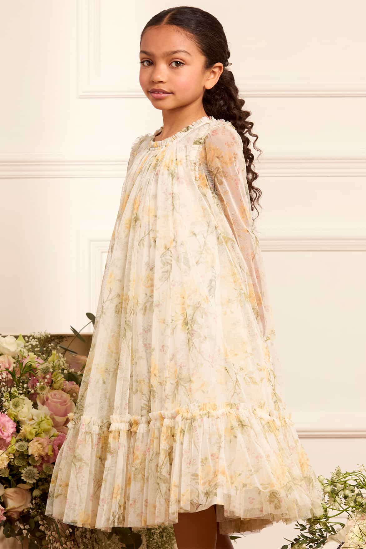 Needle & Thread Girls Tulle Long Sleeve Rose Dress in White Needle & Thread Girls Tulle Long Sleeve Rose Dress in White