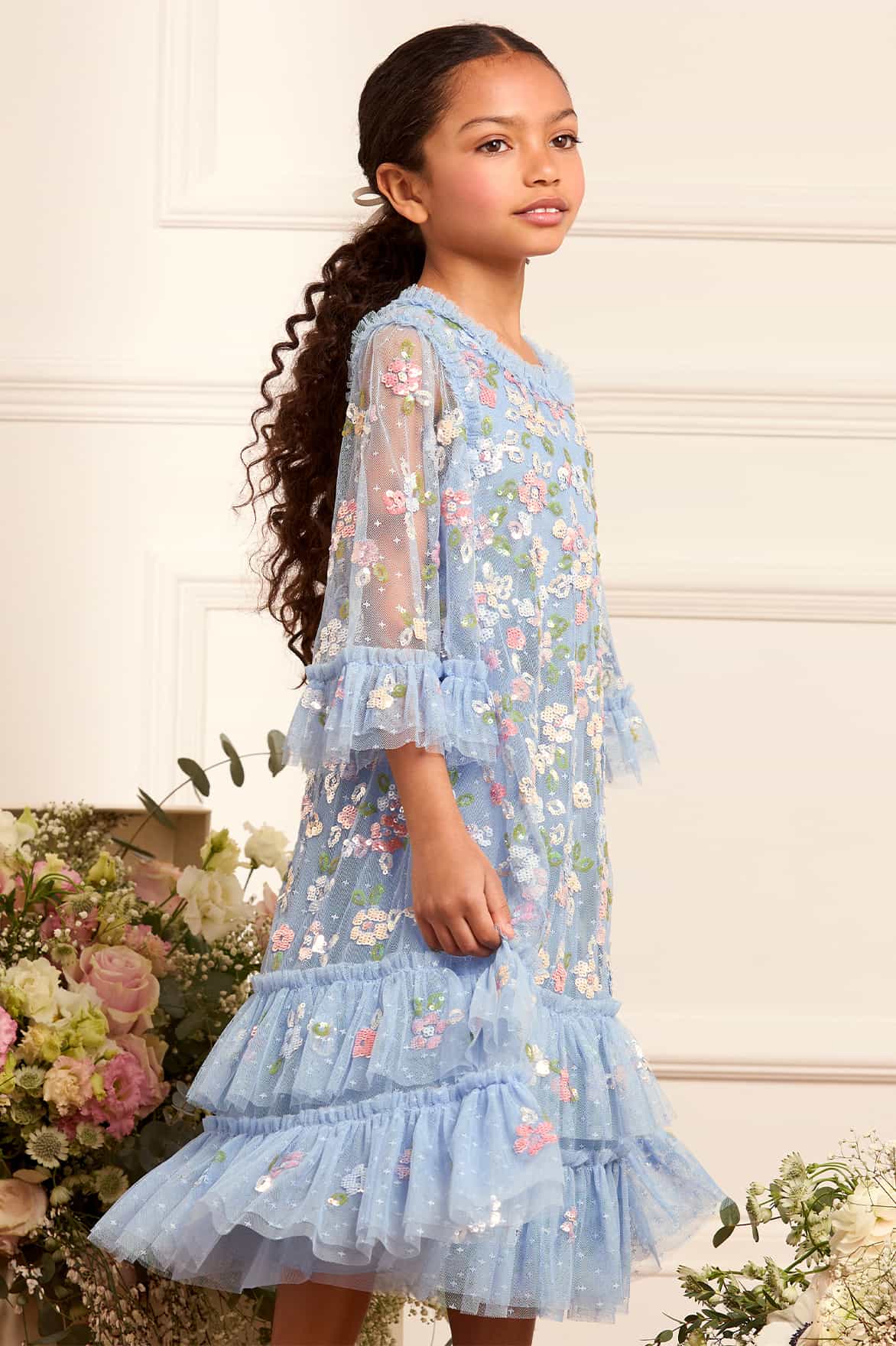 Needle & Thread Girls Tulle Sequin Bloom Dress in Blue Needle & Thread Girls Tulle Sequin Bloom Dress in Blue