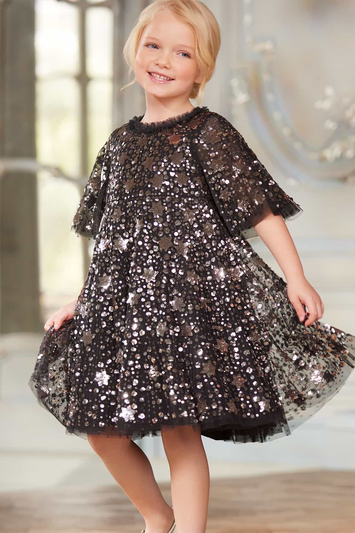 Needle & Thread Girls Shooting Stars Dress in Black 5 Yrs