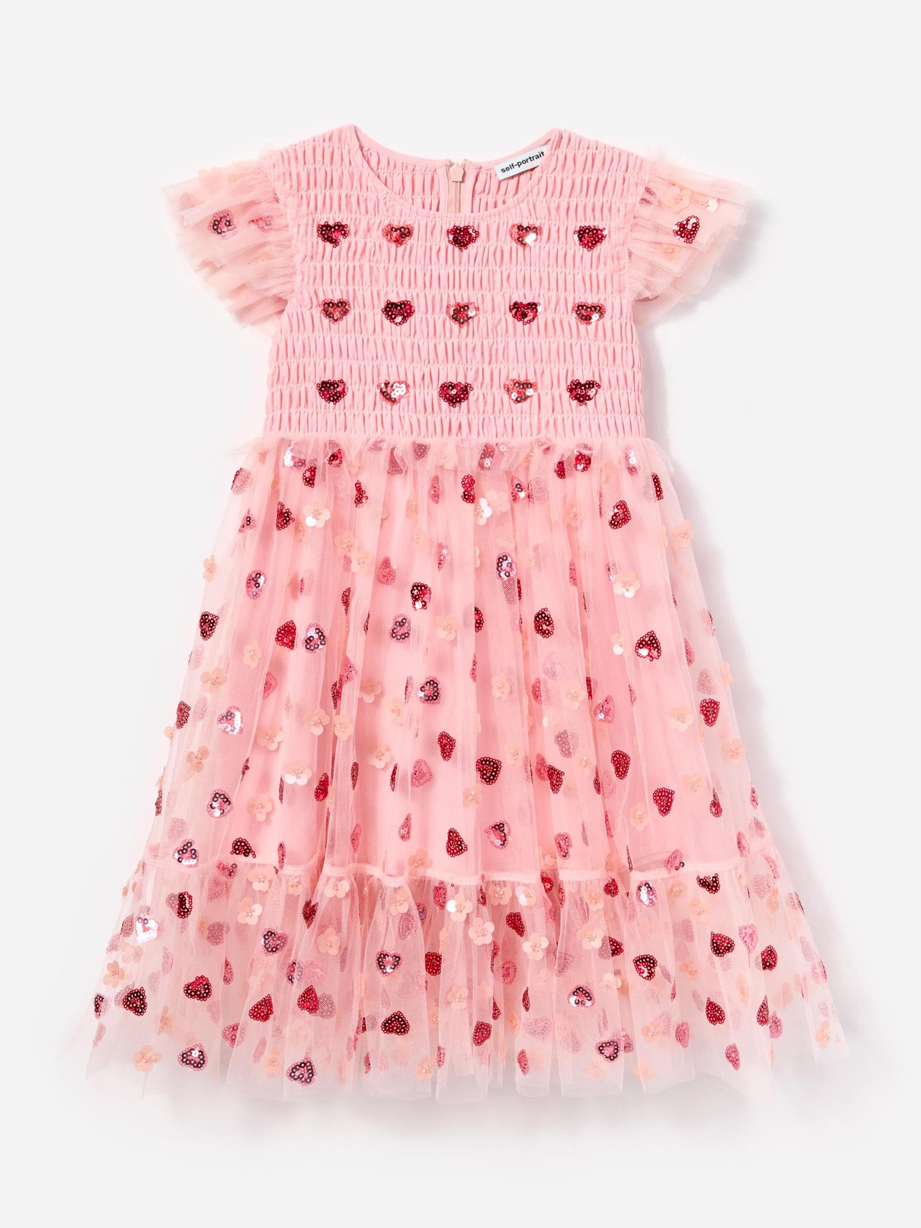 Self Portrait Girls Mesh Heart Sequin Dress in Pink