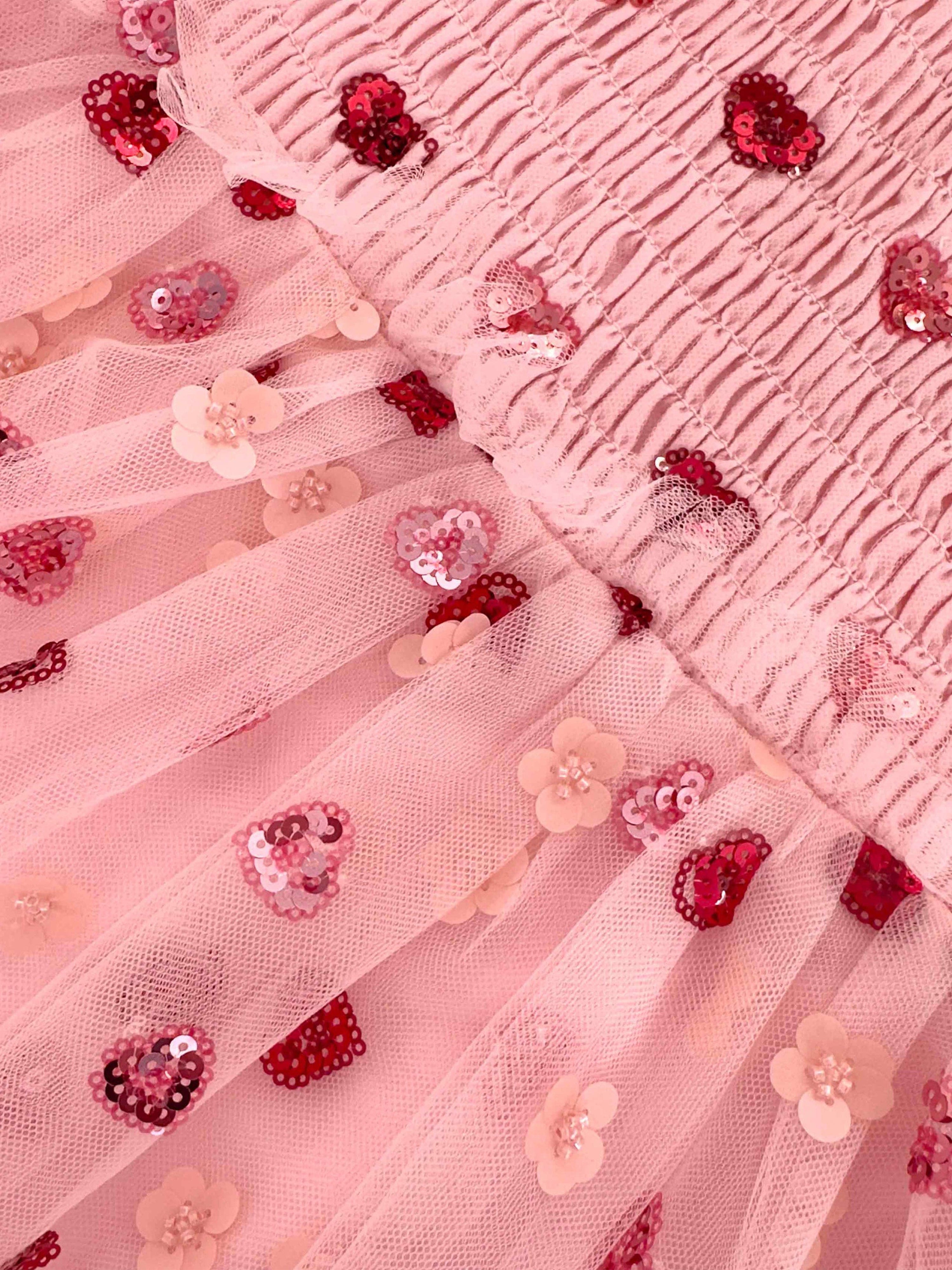 Self Portrait Girls Mesh Heart Sequin Dress in Pink