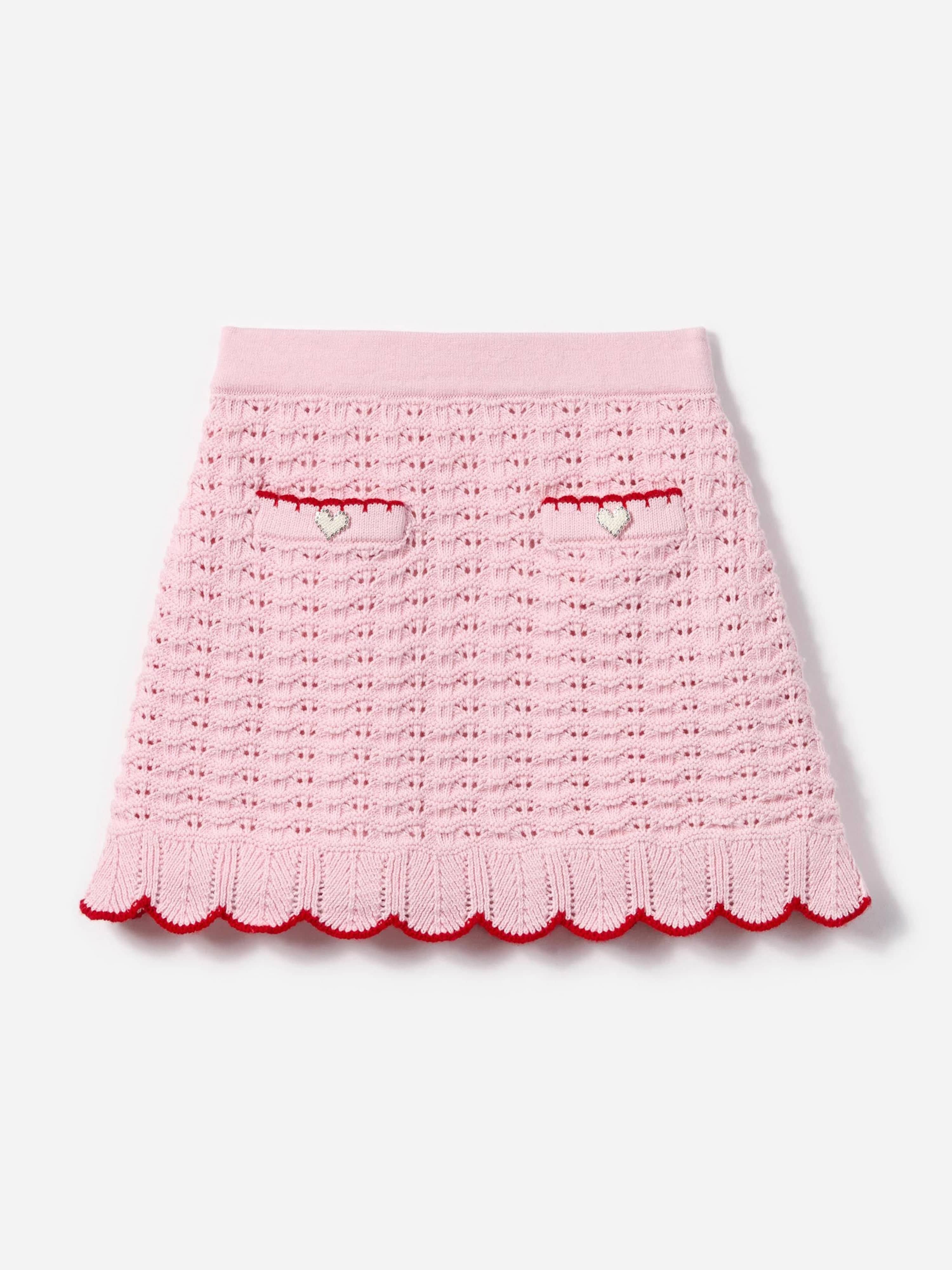 Self Portrait Girls Textured Knit Heart Detail Skirt in Pink